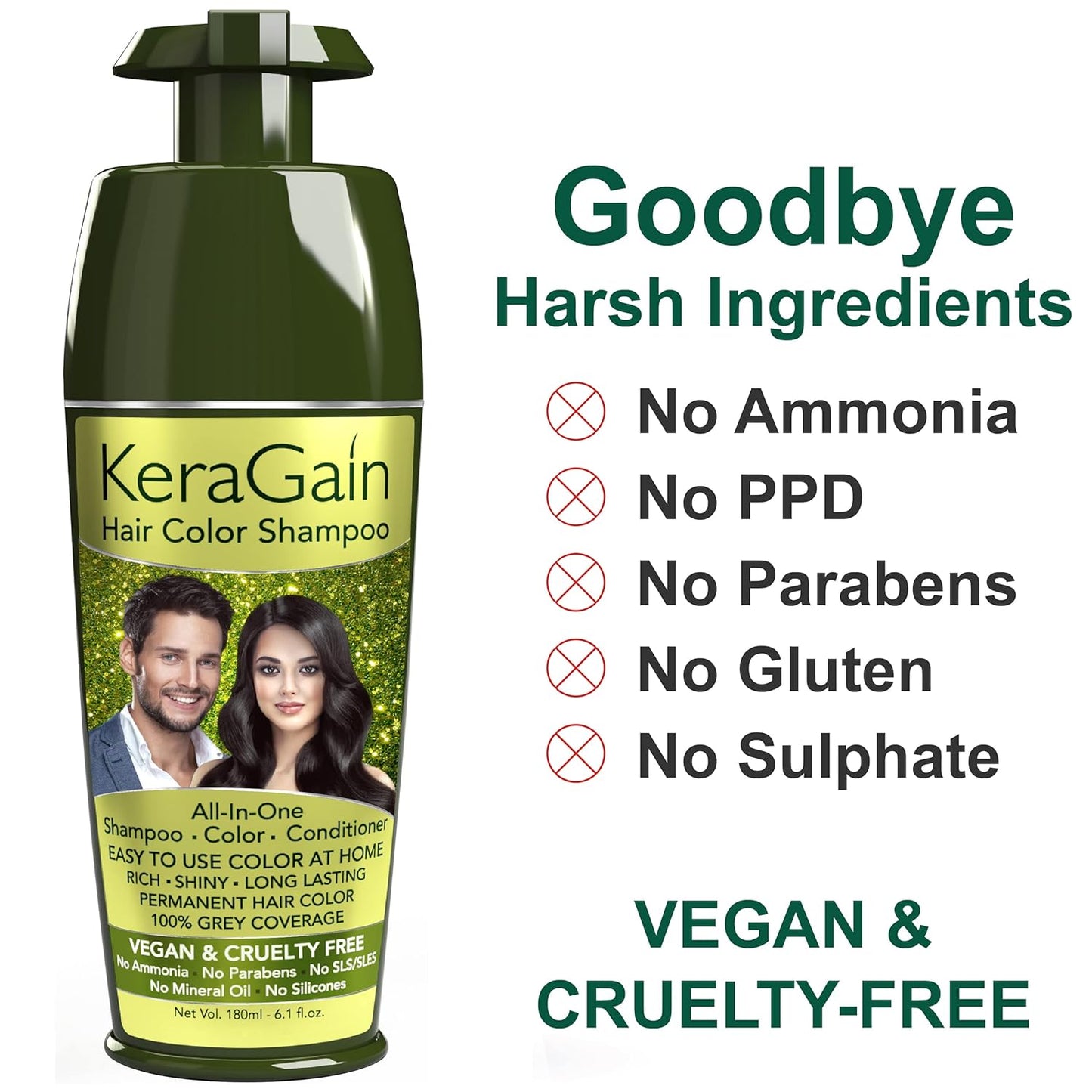 KERAGAIN Hair Color Shampoo (Natural Black,180Ml) PPD Free, Ammonia Free Permanent Hair Colour For Women & Men, |Vegan & Cruelty-Free| Keratin Treatment Included