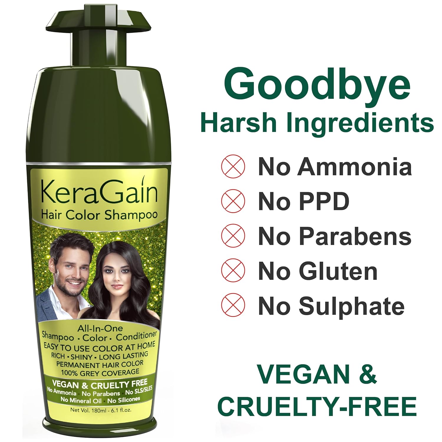 KERAGAIN Hair Color Shampoo (Natural Black,180Ml) PPD Free, Ammonia Free Permanent Hair Colour For Women & Men, |Vegan & Cruelty-Free| Keratin Treatment Included