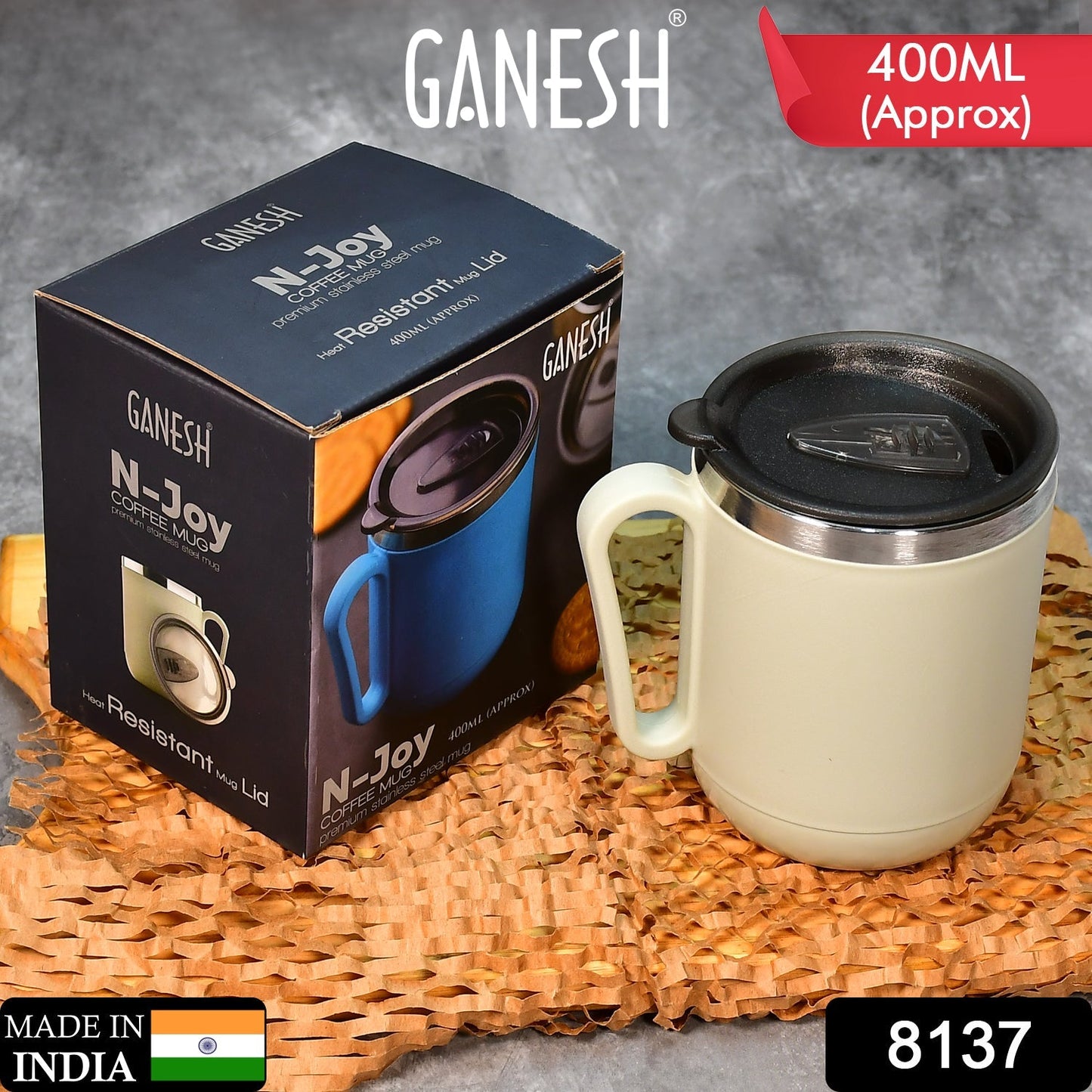 Ganesh Premium Stainless Steel Coffee Mug with heat resistant mug lid. Approx 400Ml mug. - Springkart 