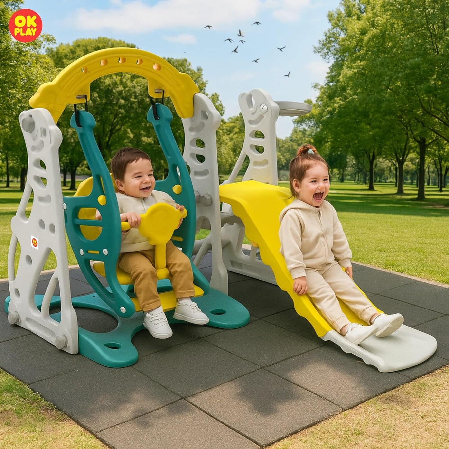 OK PLAY 3 in 1 Penguin Play Set for 2-5Years |Slide | Swing | Basketball | Perfect for Home, School & Playground | Easy Assembly | Compact | Safe & Fun Activity Toy | 152 x 133 x 104cm | Yellow&Green