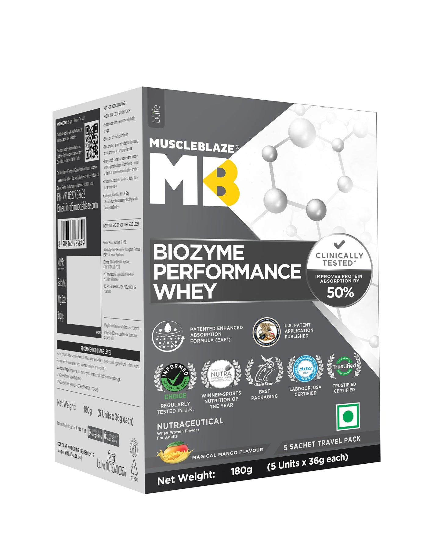 MuscleBlaze Biozyme Performance Whey Protein Powder, 1kg (2.2lbs) | Magical Mango | 25g Protein Per Scoop | Clinically Tested 50% Higher Protein Absorption