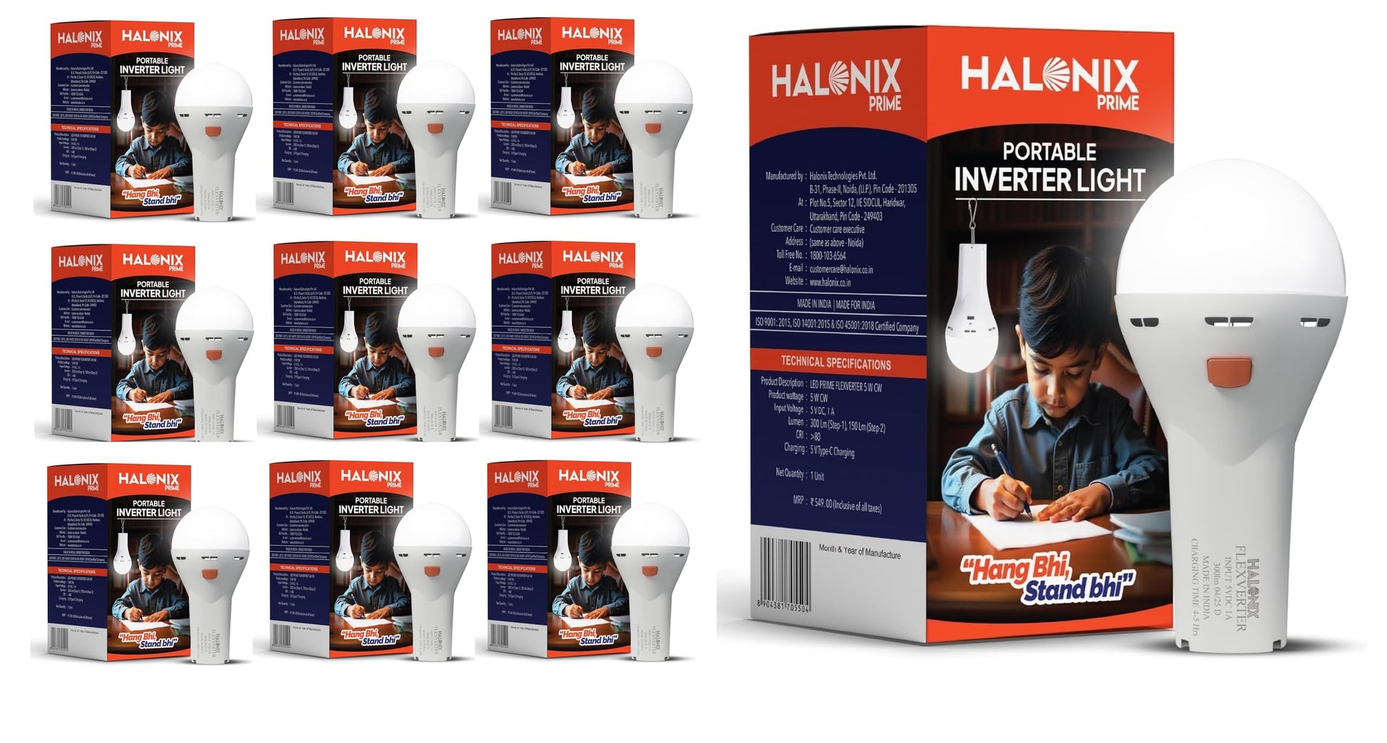 Halonix 5W Portable Emergency Inverter Bulb | Rechargeable LED Light for Power Cuts & Camping | Type-C USB Charging | Up to 4 Hours Backup | Hanging Clip Included | Cool Day Light | Pack of 1