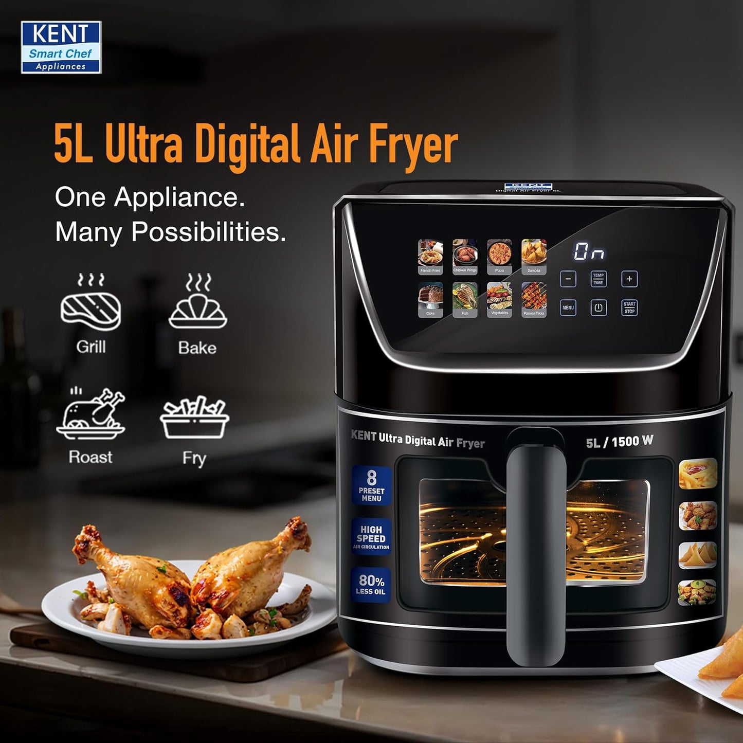 KENT Ultra Digital Air Fryer 5L | 1500W | Bake, Grill & Roast | Up to 80% Less Oil Usage |8 Preset Menu|Rapid Heat Circulation |Digital Display & Touch Control Panel |Glass Window with in built Light