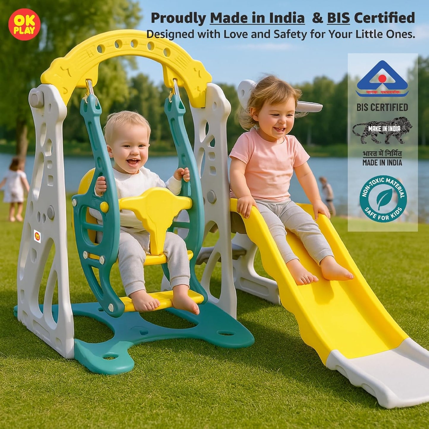OK PLAY 3 in 1 Penguin Play Set for 2-5Years |Slide | Swing | Basketball | Perfect for Home, School & Playground | Easy Assembly | Compact | Safe & Fun Activity Toy | 152 x 133 x 104cm | Yellow&Green