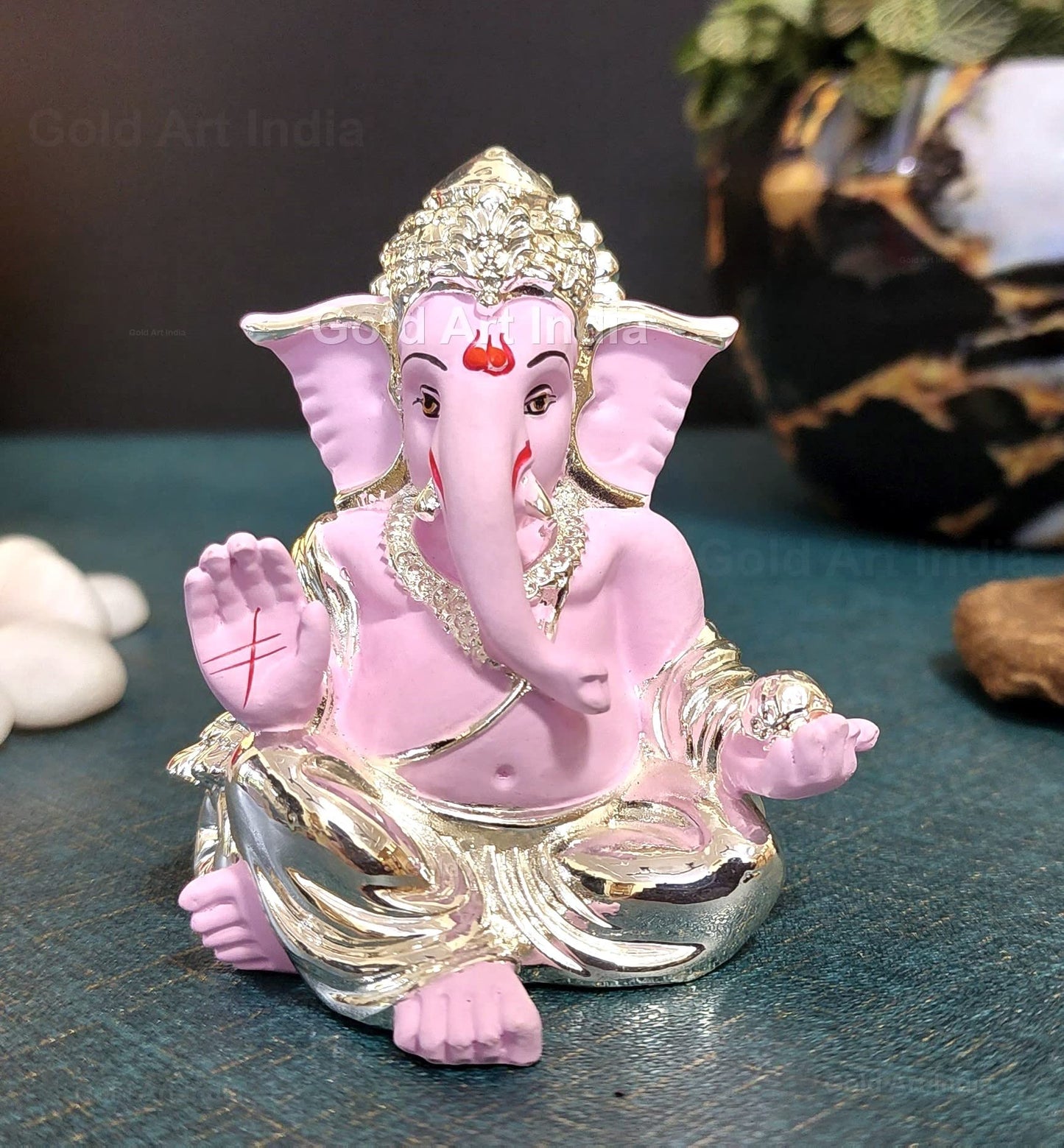 Gold Art India Gold and Silver Plated Matte Finish Ganesh Idol For Car Dashboard Ganesha Murti Ganpati Idol For Home Decor Puja Lord Ganesh Statue Gift For Office Desk Puja Room Figurine, 3 x 3 inches