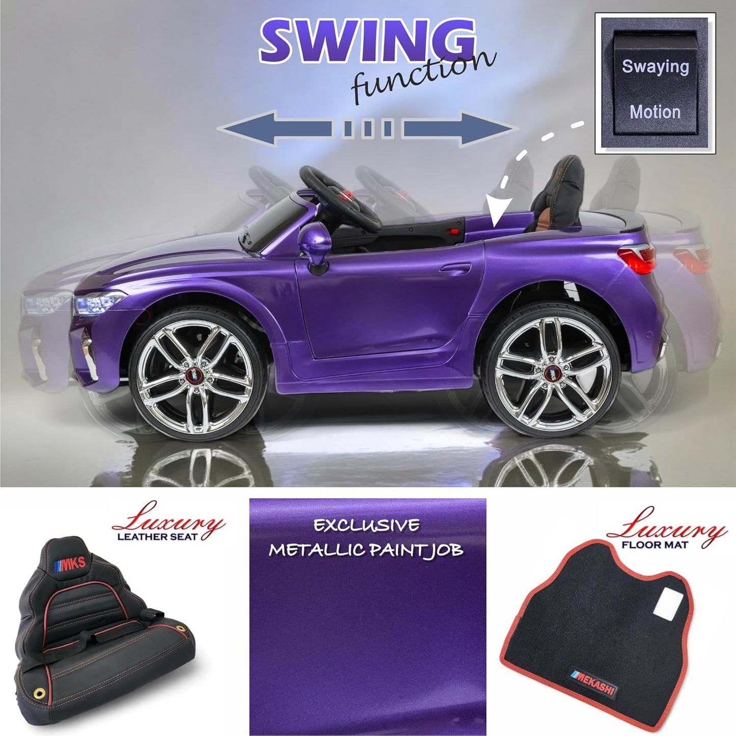 MEKASHI Electric Ride on Car for Kids, Parental Remote, 12V Rechargeable Battery, 3 Speed, LED Lights, Music, Bluetooth, 1 to 7 years, Swing Function, Long Wheelbase, ISI Mark, MKS003D-Metallic Violet