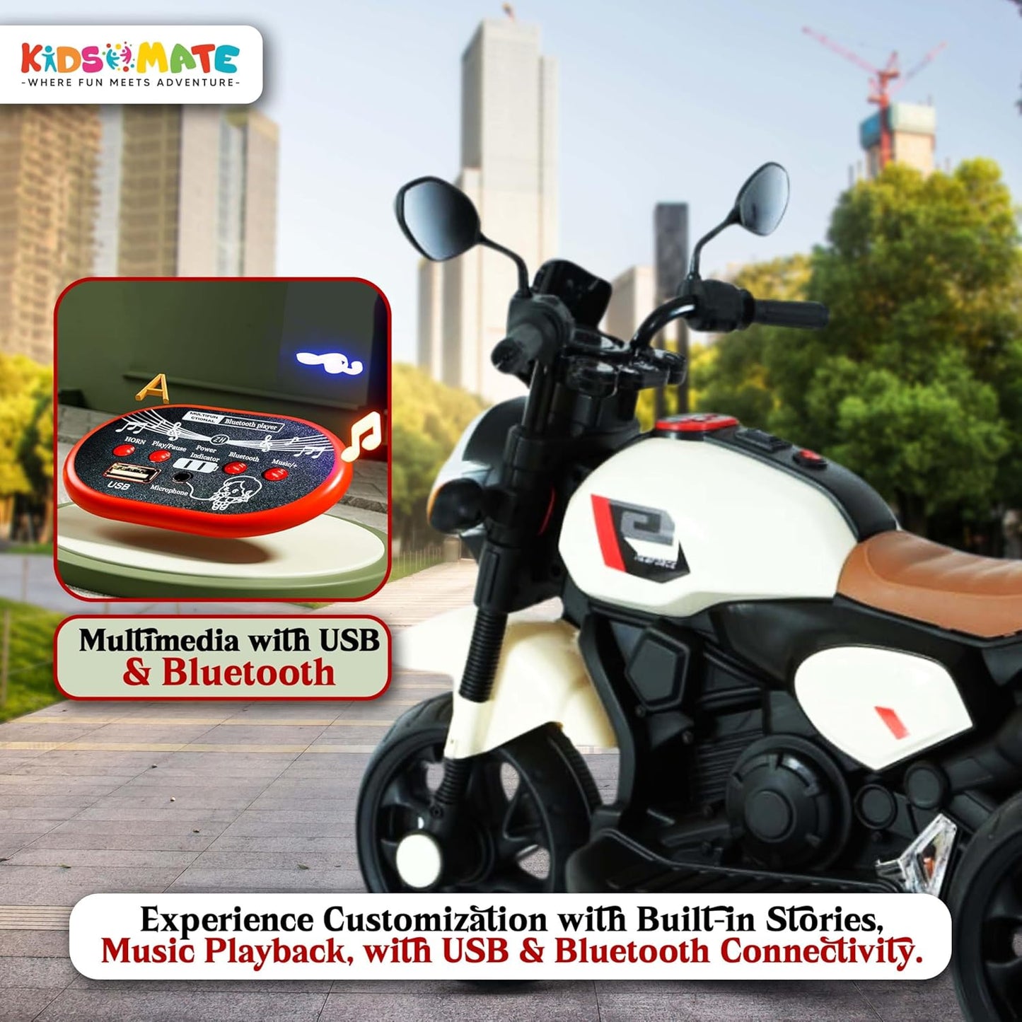 Kidsmate Ride Xtreme Electric Bike for Kids | 6V Battery, MP3 Player, USB, Bluetooth, LED Lights & Foot Accelerator | Battery-Operated Ride-On Bike with Backrest for Boys & Girls Aged 1-5 Years