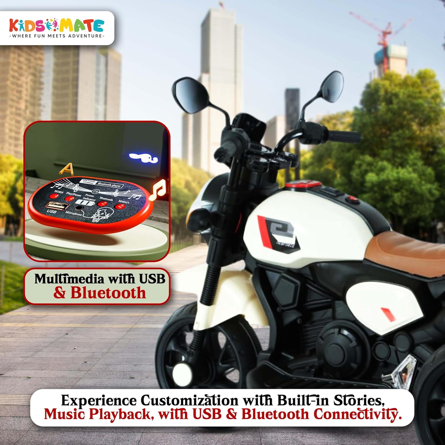 Kidsmate Ride Xtreme Electric Bike for Kids | 6V Battery, MP3 Player, USB, Bluetooth, LED Lights & Foot Accelerator | Battery-Operated Ride-On Bike with Backrest for Boys & Girls Aged 1-5 Years