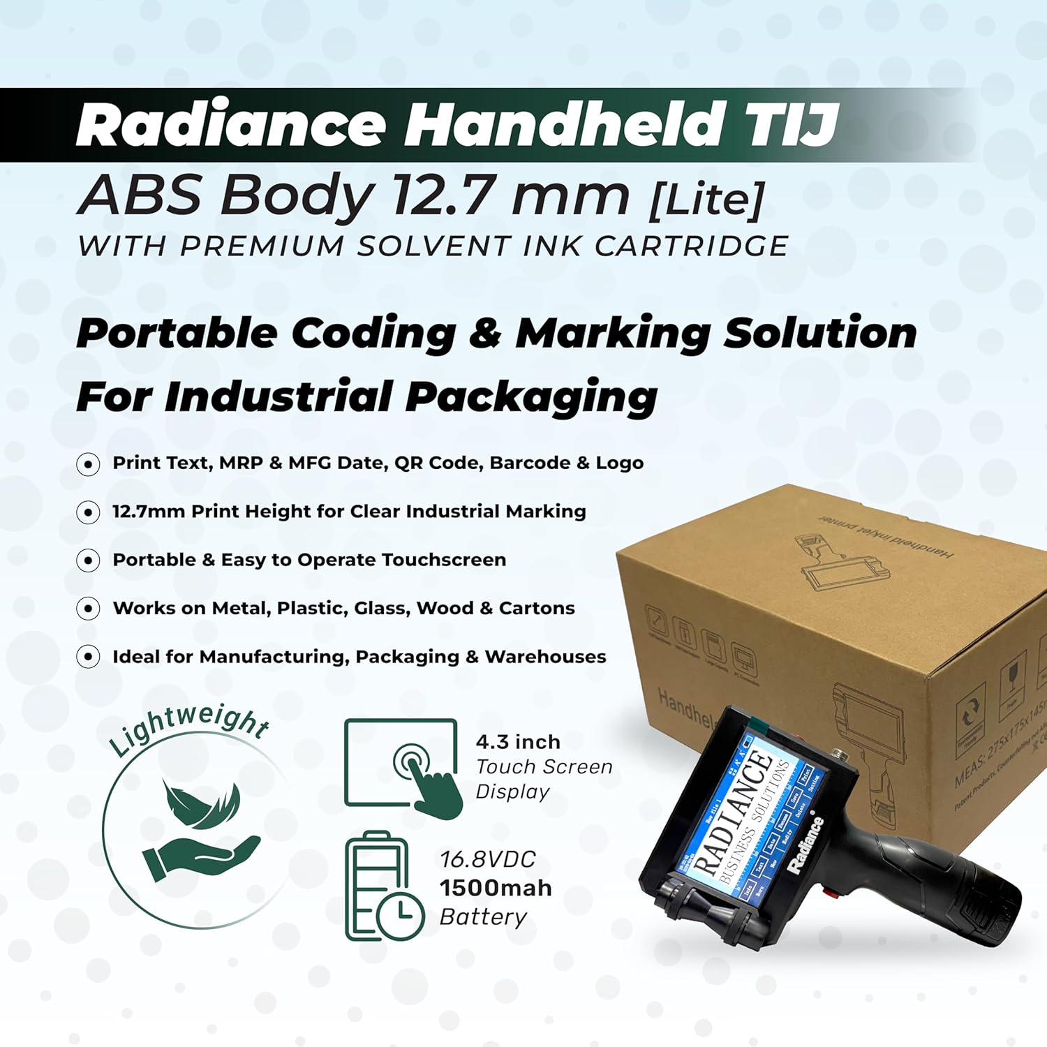 Radiance Business Solutions ABS Lite Handheld TIJ Printer – 12.7mm Portable Batch Coding Machine – Lightweight Ergonomic Design with 4.3 Inch Touchscreen – for Expiry Date, MRP, Logos & QR Codes