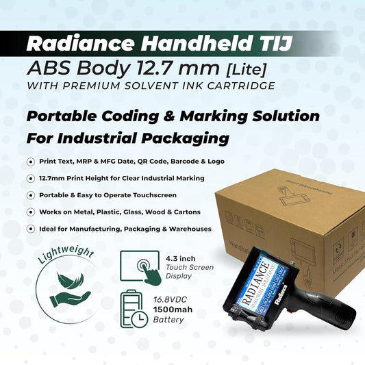 Radiance Business Solutions ABS Lite Handheld TIJ Printer – 12.7mm Portable Batch Coding Machine – Lightweight Ergonomic Design with 4.3 Inch Touchscreen – for Expiry Date, MRP, Logos & QR Codes