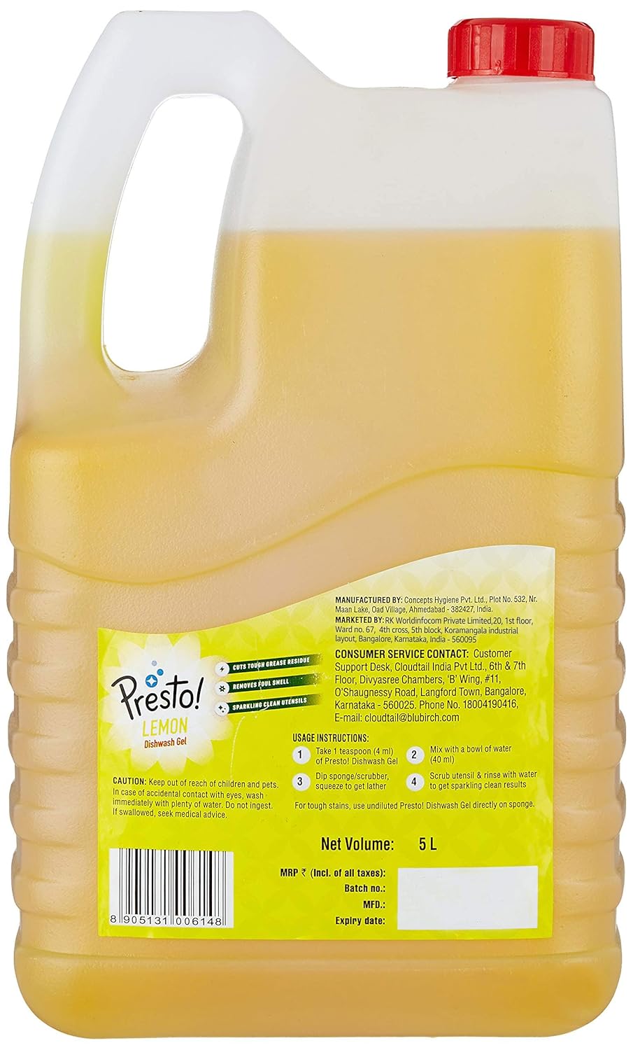 Amazon Brand - Presto! Dishwash Gel | Lemon | 5 Litre Refill Can | Dishwash Liquid | Cuts Through Grease | Safe On Hands