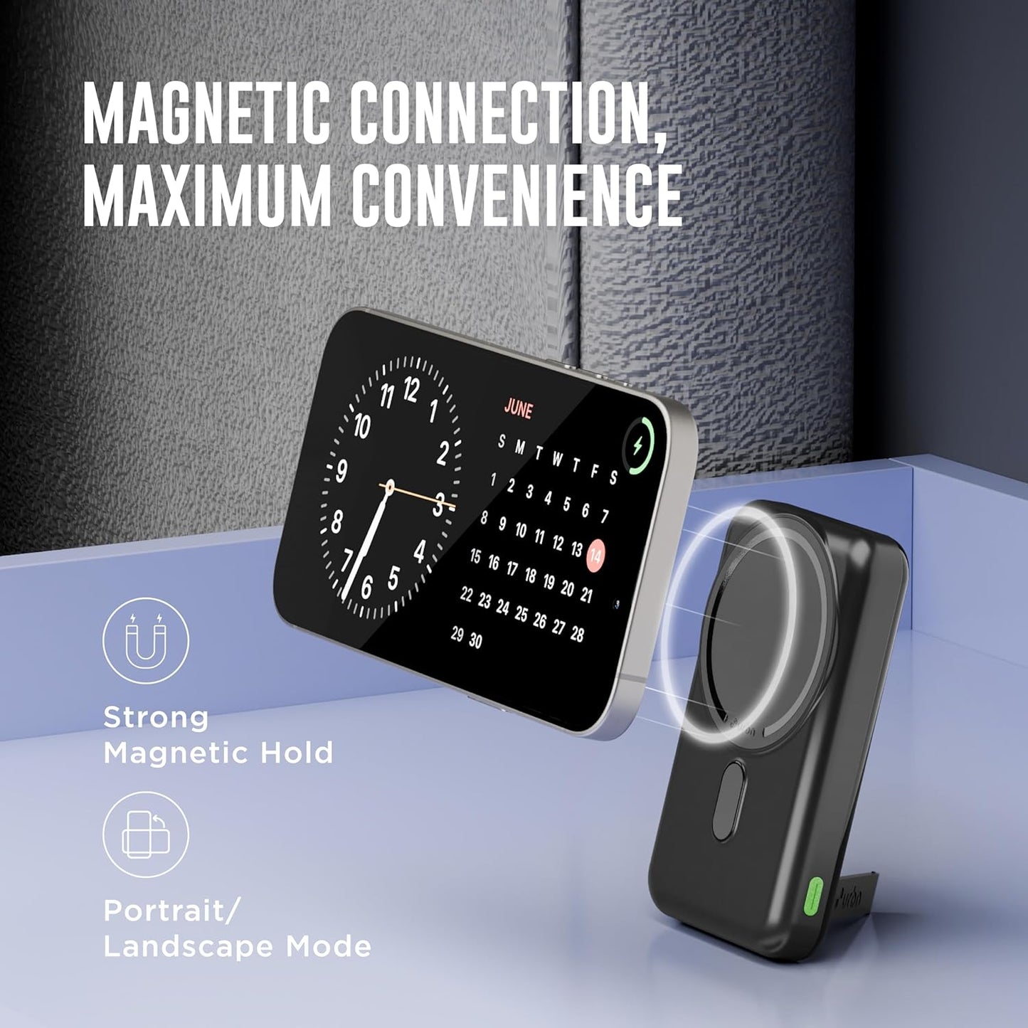 URBN Wireless Power Bank for iPhone, 10000mAh MagSafe Charging with Stand, 22.5W QC+PD Output, Strong Magnetic, for iPhone 12 & Above, Android & Other Qi Enabled Devices (Black)