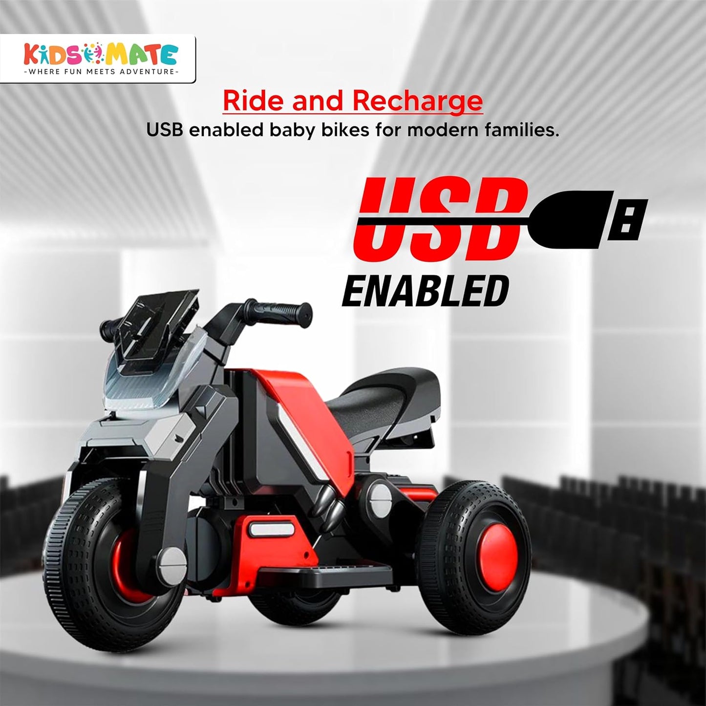 Kidsmate Hyrider 6V Electric Kids Bike with Rechargeable 6.5 Ah Battery Inbuilt Imported Motor Drive | Music Player, Front LED Light & Foot Accelerator Pedal Bike for Ages 1-4 Years