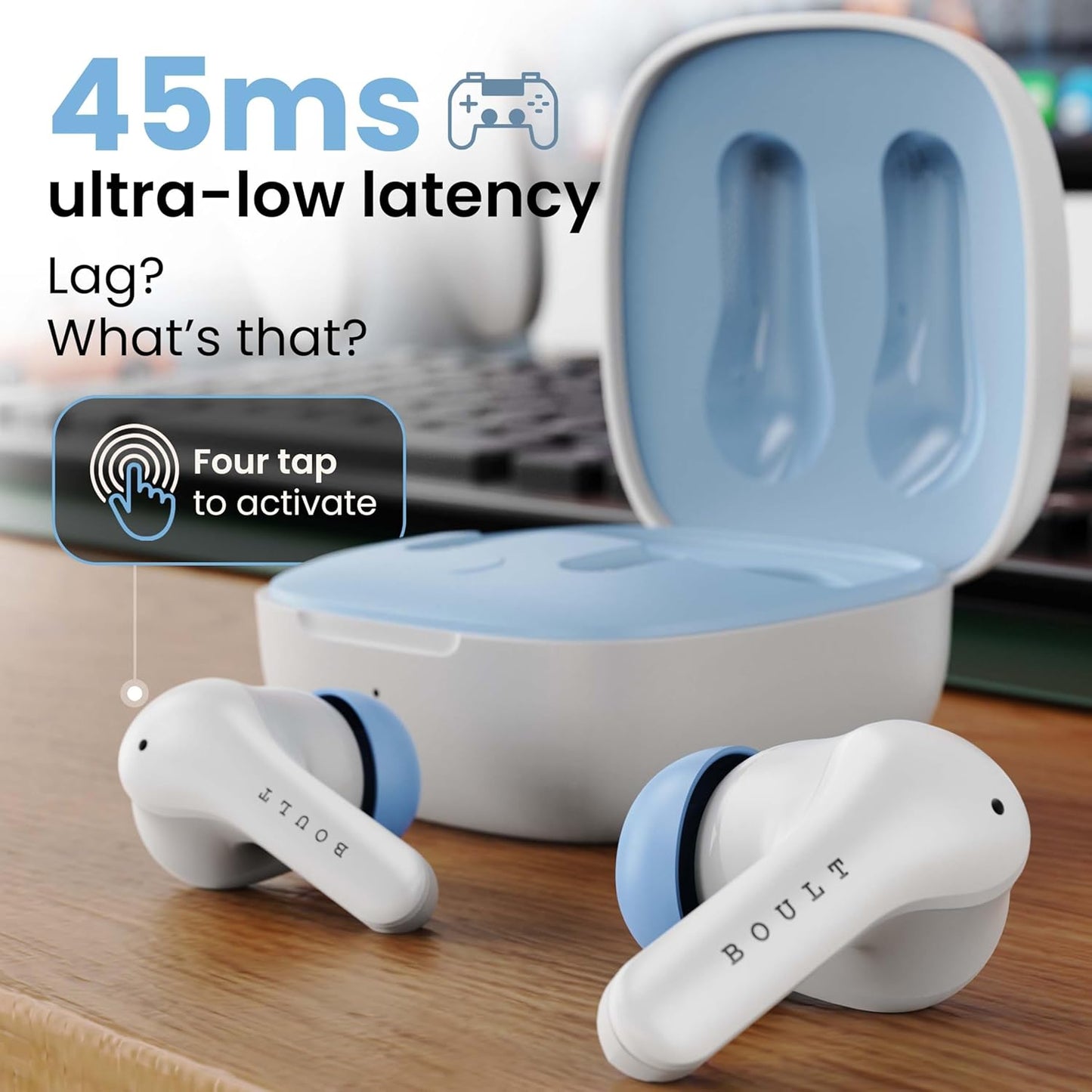 Boult K10 Truly Wireless Bluetooth in Ear Earbuds with 50H Playtime, 4 Mic Clear Calling, 45ms Low Latency, 10mm Drivers, Touch Controls, Type-C Fast Charging, IPX5, TWS Ear Buds Wireless (Ice Blue) - Springkart 