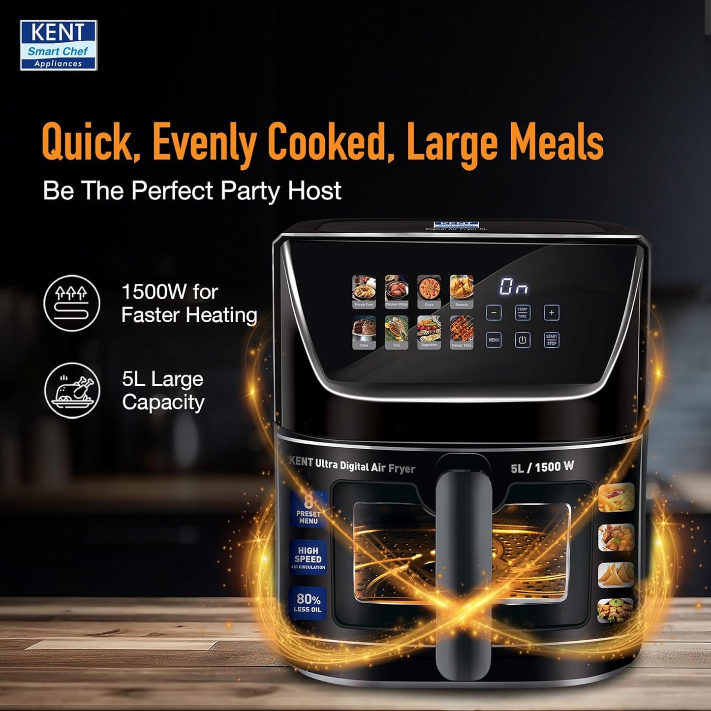 KENT Ultra Digital Air Fryer 5L | 1500W | Bake, Grill & Roast | Up to 80% Less Oil Usage |8 Preset Menu|Rapid Heat Circulation |Digital Display & Touch Control Panel |Glass Window with in built Light