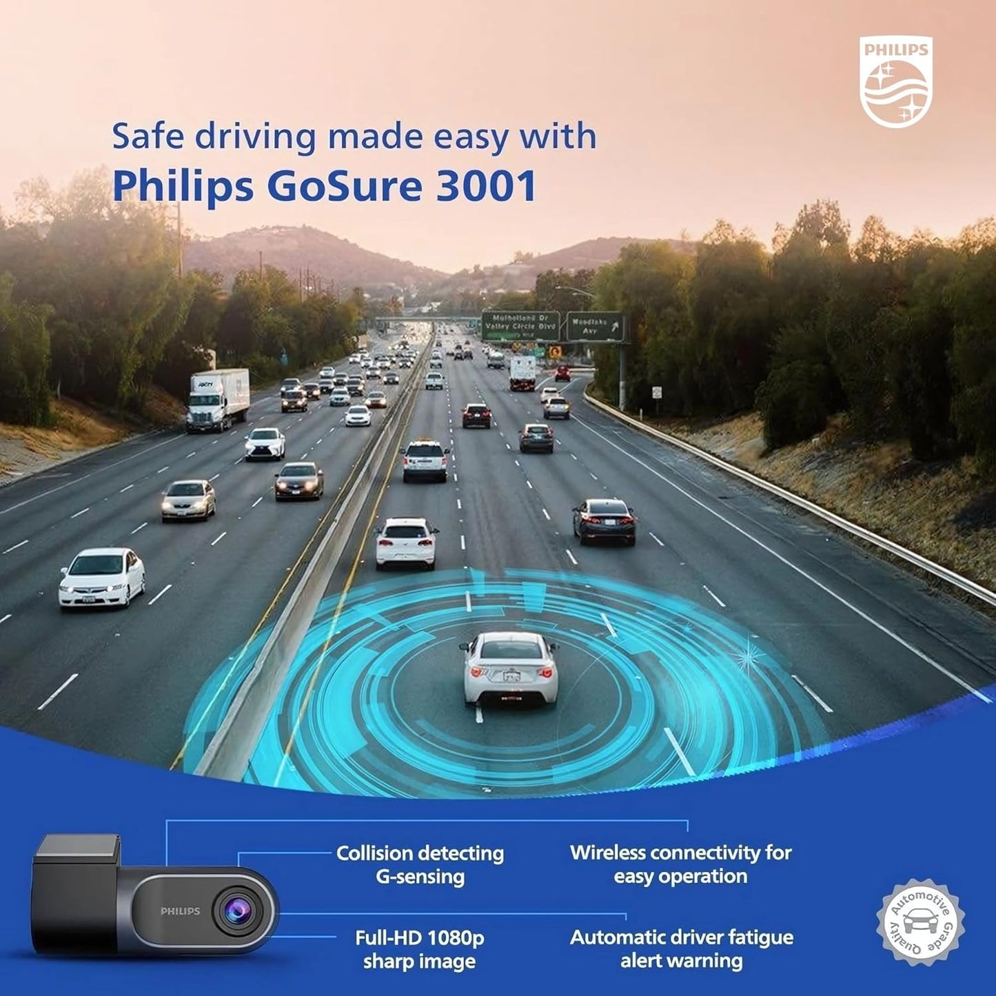 Philips GoSure 3001 Dash Cam for Car, Full HD 1080p, G-Sensor, Loop Recording, Night Vision, Wide Angle Lens, Car DVR Camera, Compact Design – Black