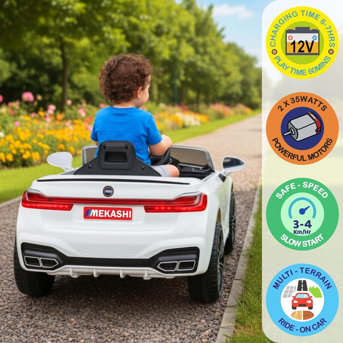 MEKASHI Electric Ride on Car for Kids, Parental Remote, 12V Rechargeable Battery, 3 Speed, LED Lights, Music, Bluetooth, 1 to 7 Years, Swing Function, Long Wheelbase, ISI Mark, MKS003-White