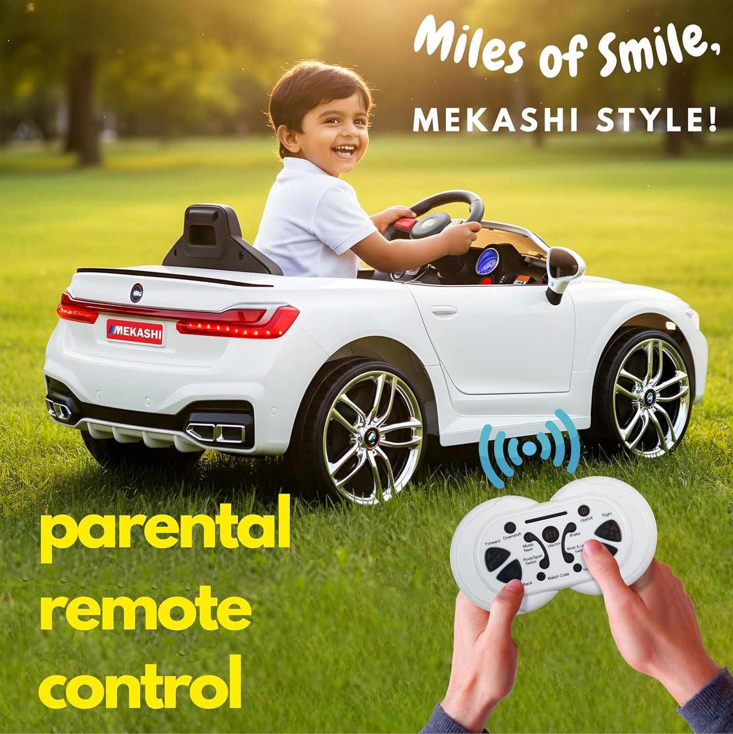 MEKASHI Electric Ride on Car for Kids, Parental Remote, 12V Rechargeable Battery, 3 Speed, LED Lights, Music, Bluetooth, 1 to 7 Years, Swing Function, Long Wheelbase, ISI Mark, MKS003-White
