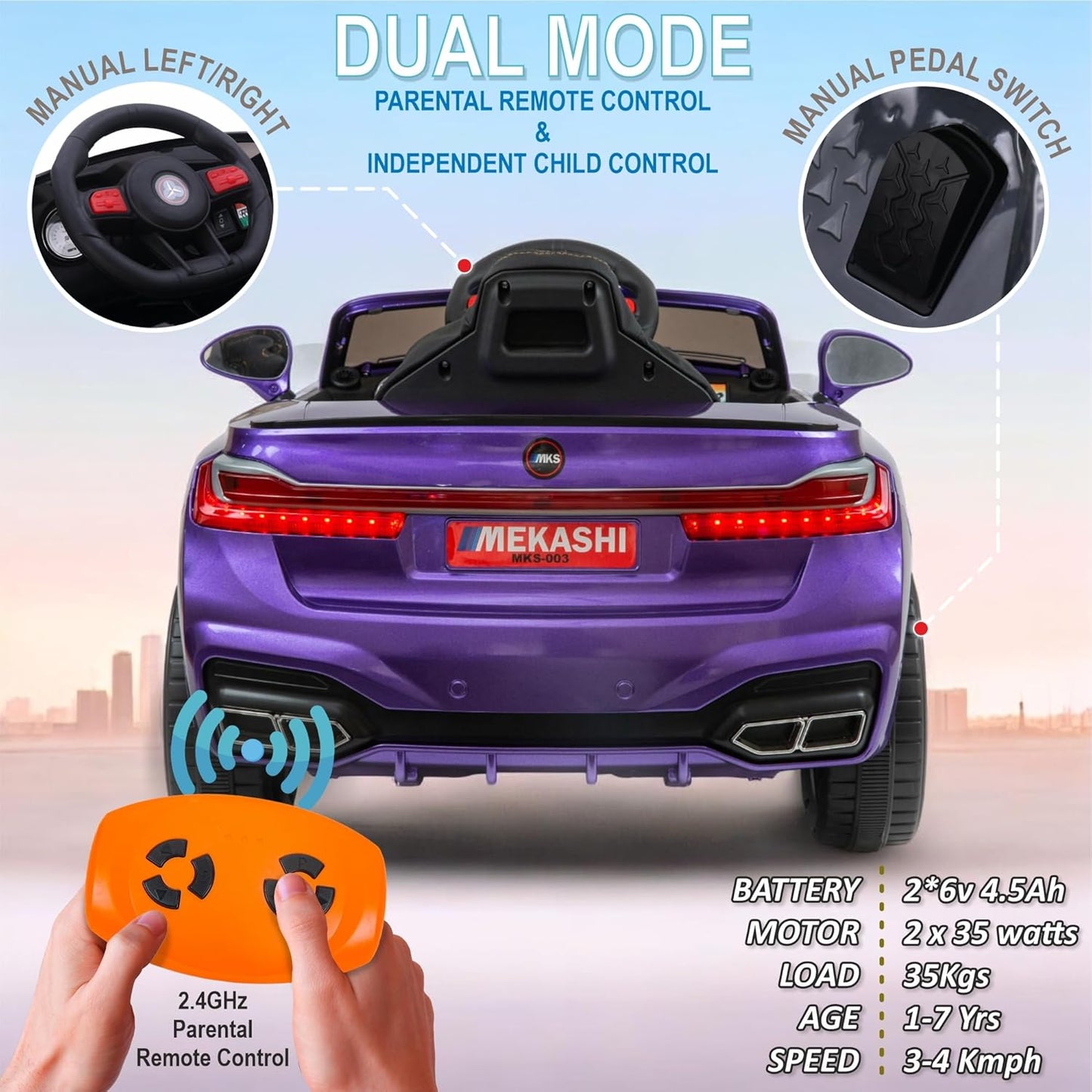 MEKASHI Electric Ride on Car for Kids, Parental Remote, 12V Rechargeable Battery, 3 Speed, LED Lights, Music, Bluetooth, 1 to 7 years, Swing Function, Long Wheelbase, ISI Mark, MKS003D-Metallic Violet