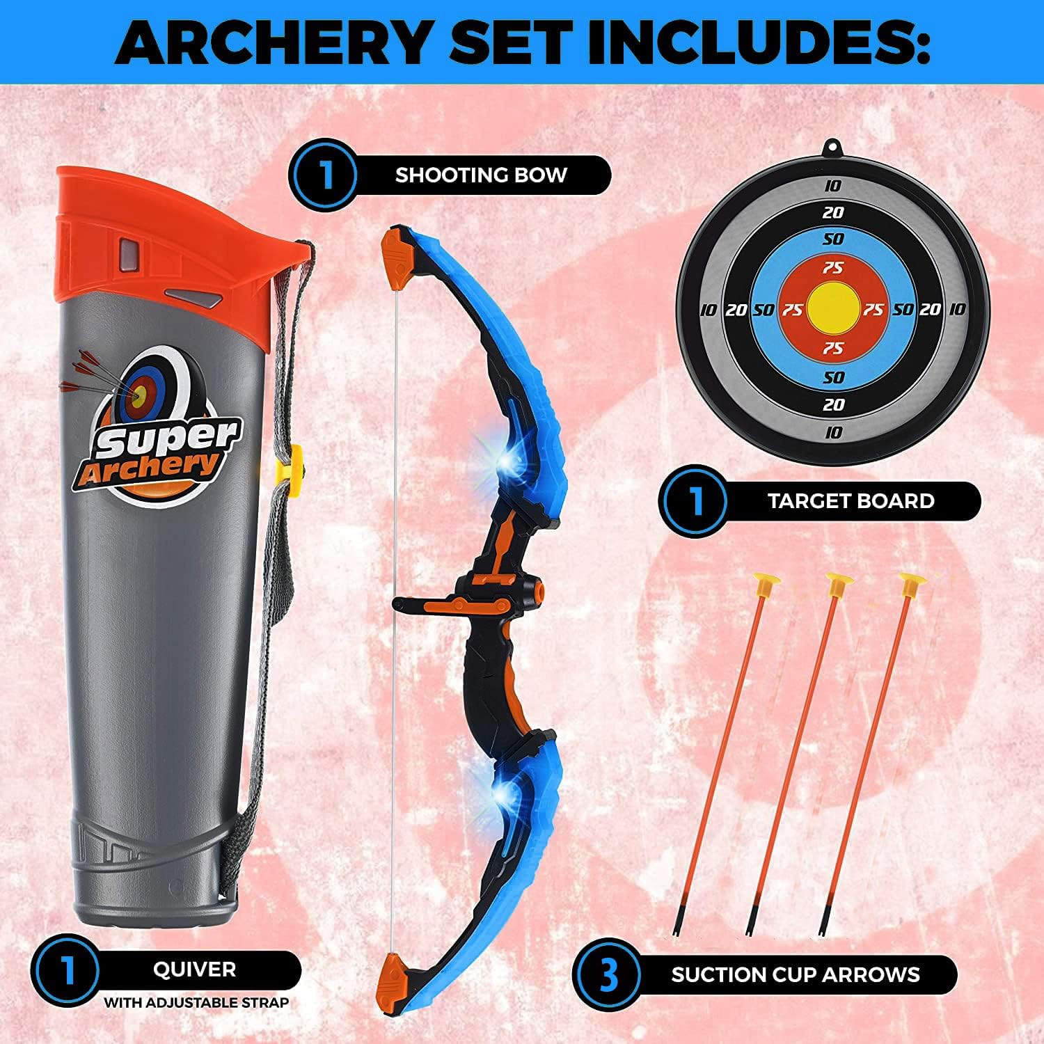 TEC TAVAKKAL Kids Bow & Arrow Toy, Boys and Girls Basic Archery Set Outdoor Hunting Game with 3 Suction Cup Arrows, Target & Quiver Archery Toys with Light
