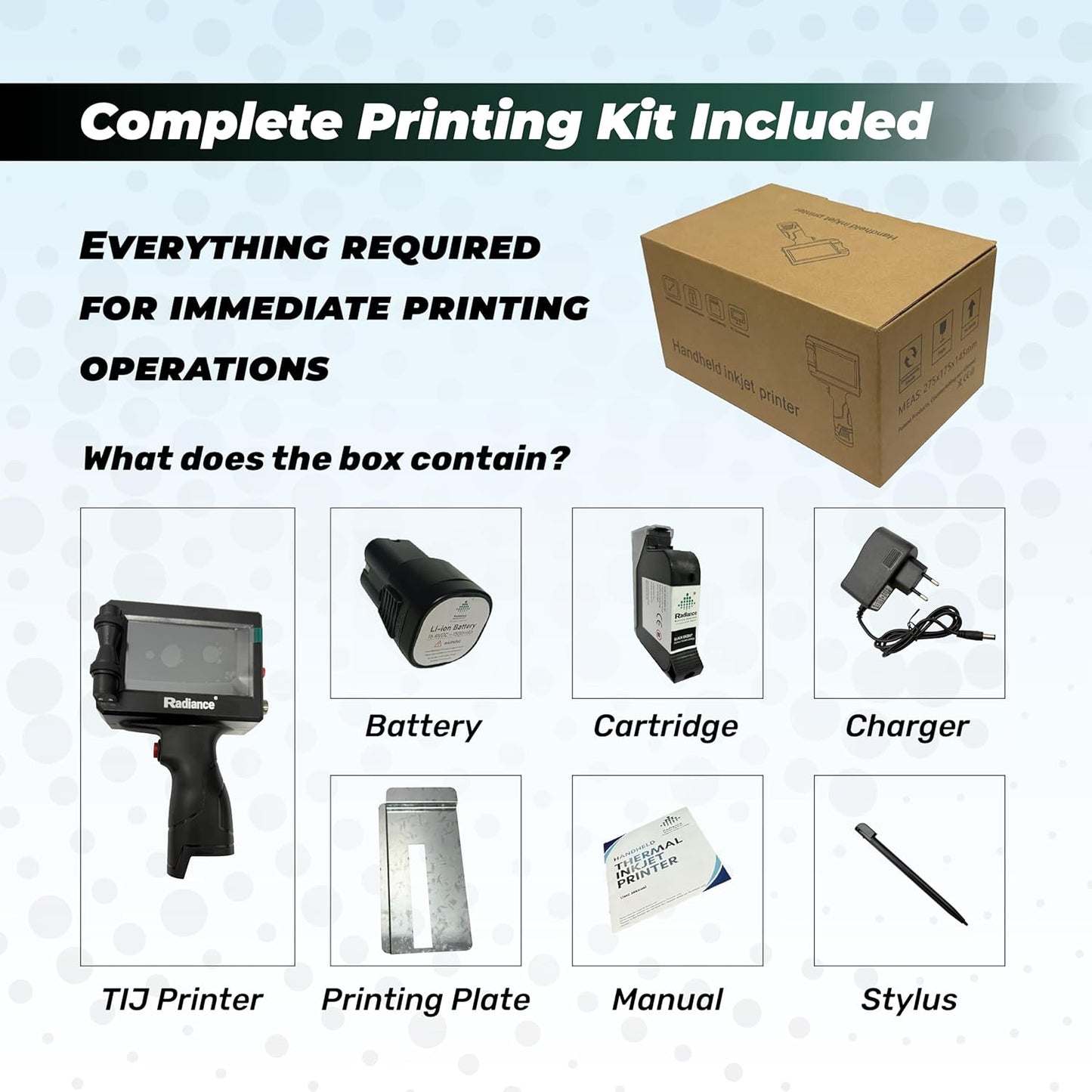 Radiance Business Solutions ABS Lite Handheld TIJ Printer – 12.7mm Portable Batch Coding Machine – Lightweight Ergonomic Design with 4.3 Inch Touchscreen – for Expiry Date, MRP, Logos & QR Codes