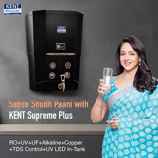 KENT Supreme Plus Alkaline+Copper RO Water Purifier | RO+UV+UF+Alk +Cu+TDSControl+UV LED Tank|Advanced ROTech for SabseShudh Paani |Auto Flush| 8L|20LPH| Ideal for Borewell/Tanker/MunicipalWater|Black