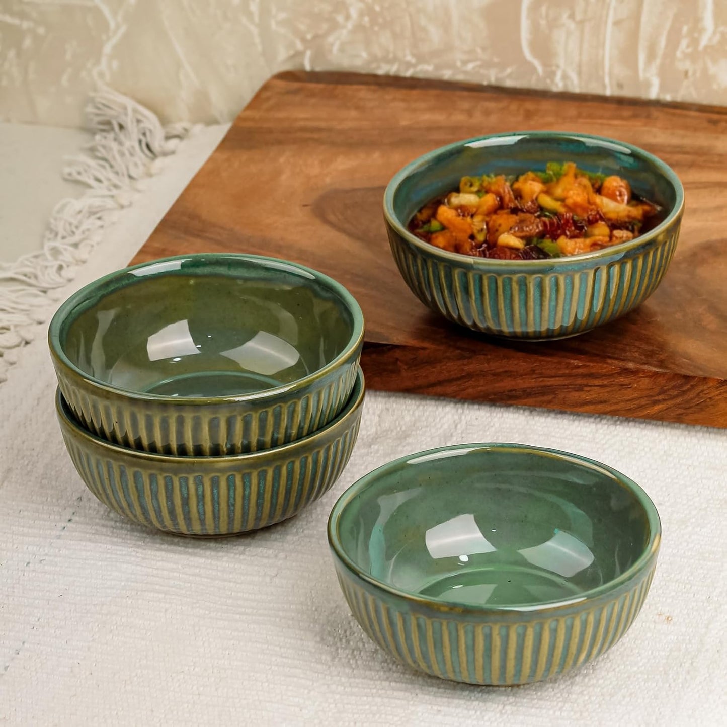 The Earth Store Glam Green Ceramic Bowl Set of 4, 250 ML Microwave & Dishwasher Safe Bowl Katori for Serving Snacks, Dal, Rice, Dessert | Perfect for Gifting and Daily Use