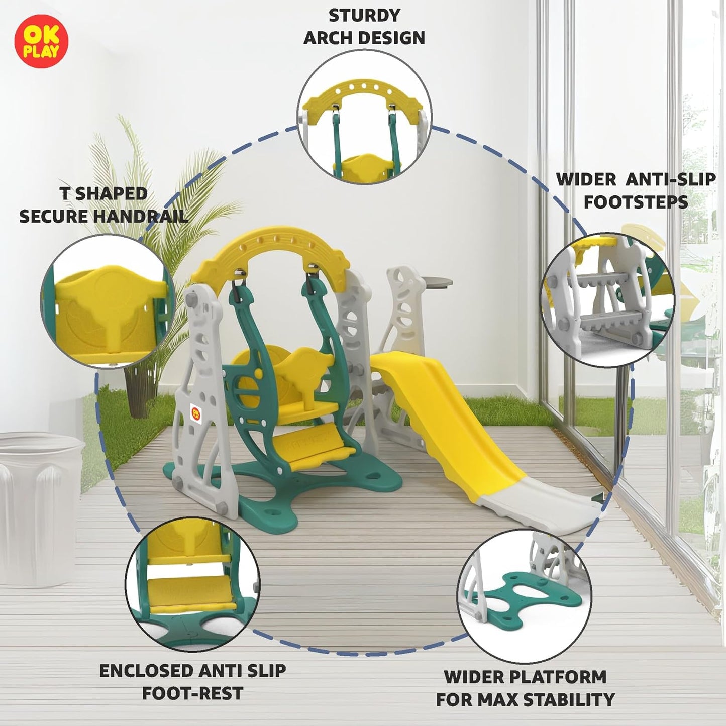 OK PLAY 3 in 1 Penguin Play Set for 2-5Years |Slide | Swing | Basketball | Perfect for Home, School & Playground | Easy Assembly | Compact | Safe & Fun Activity Toy | 152 x 133 x 104cm | Yellow&Green
