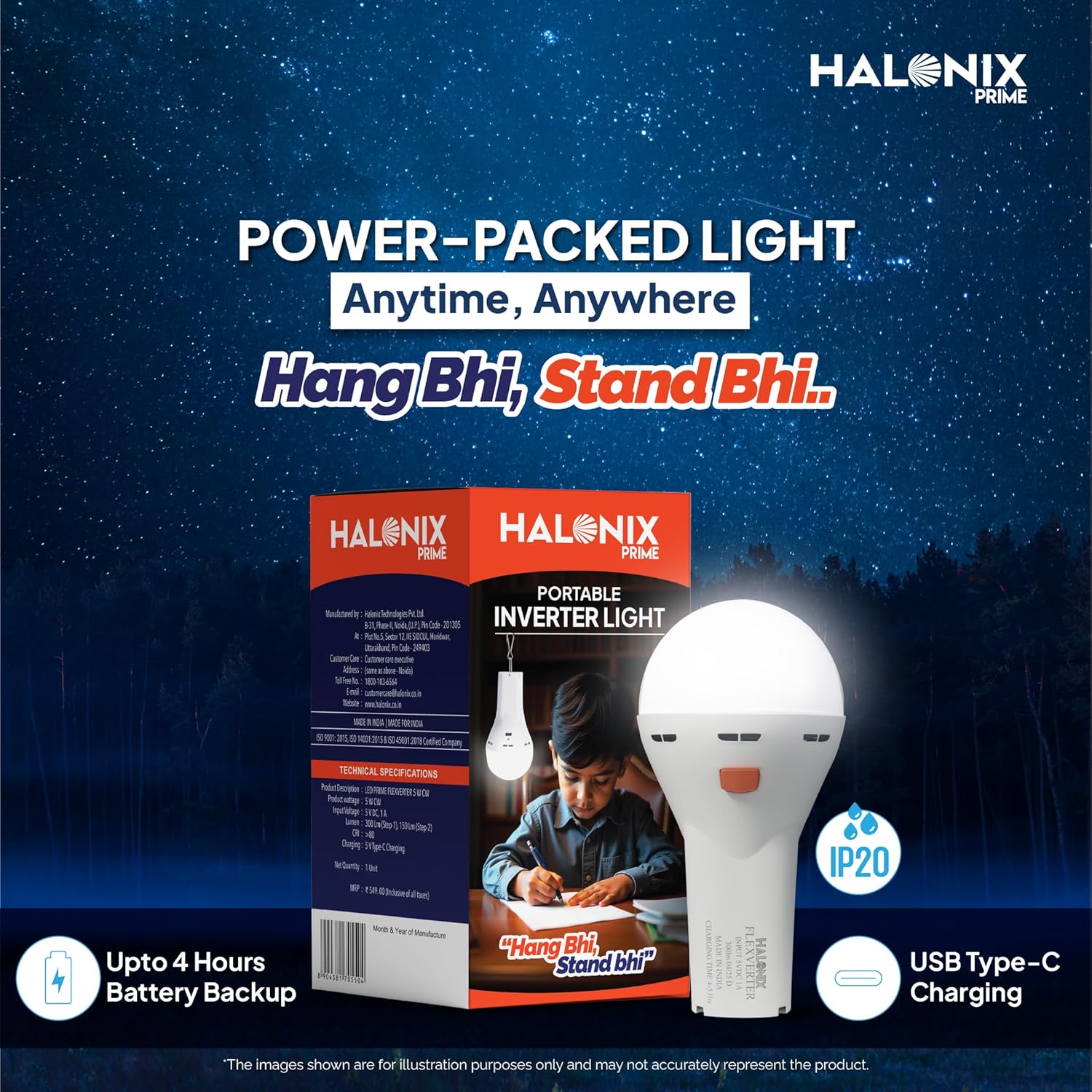 Halonix 5W Portable Emergency Inverter Bulb | Rechargeable LED Light for Power Cuts & Camping | Type-C USB Charging | Up to 4 Hours Backup | Hanging Clip Included | Cool Day Light | Pack of 1