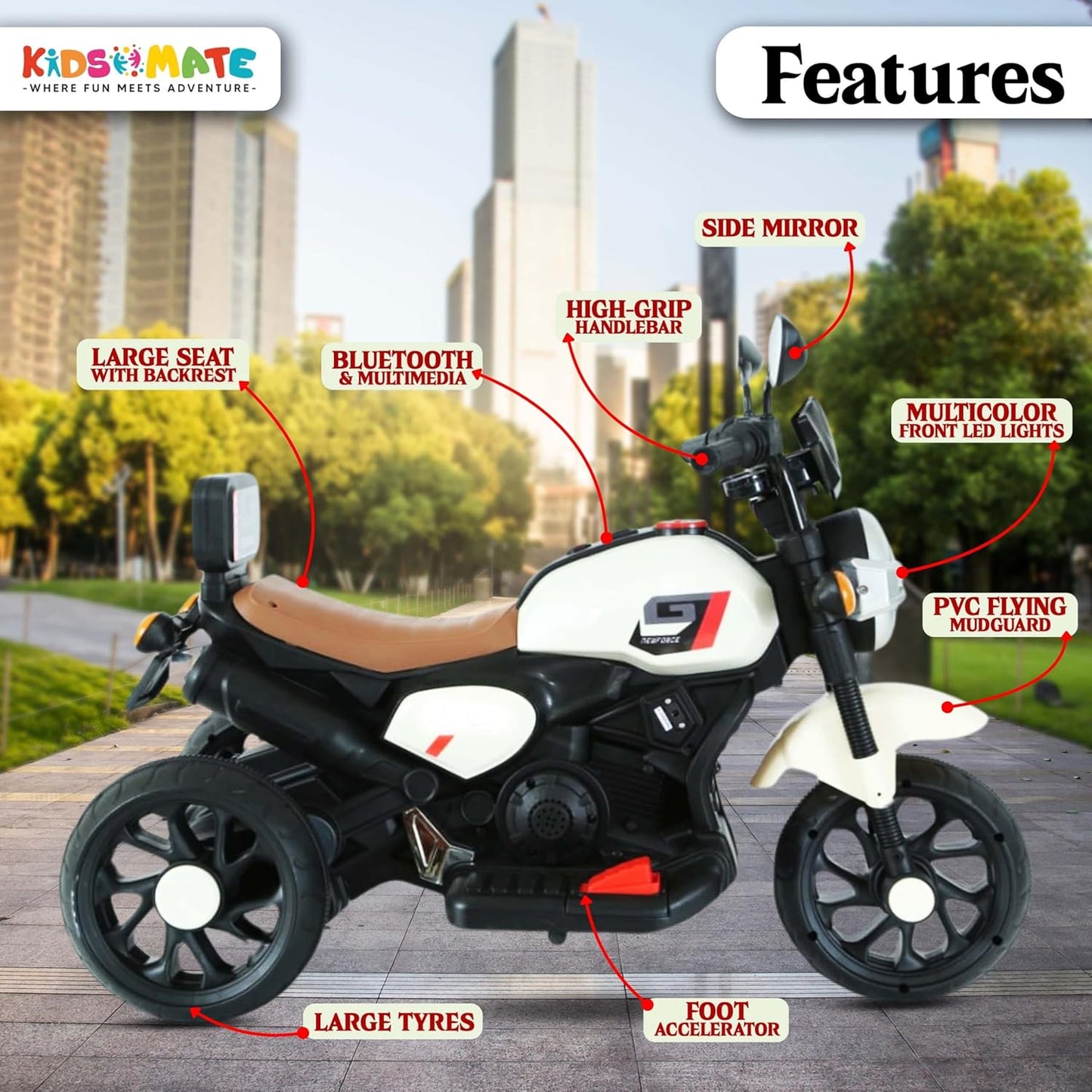 Kidsmate Ride Xtreme Electric Bike for Kids | 6V Battery, MP3 Player, USB, Bluetooth, LED Lights & Foot Accelerator | Battery-Operated Ride-On Bike with Backrest for Boys & Girls Aged 1-5 Years