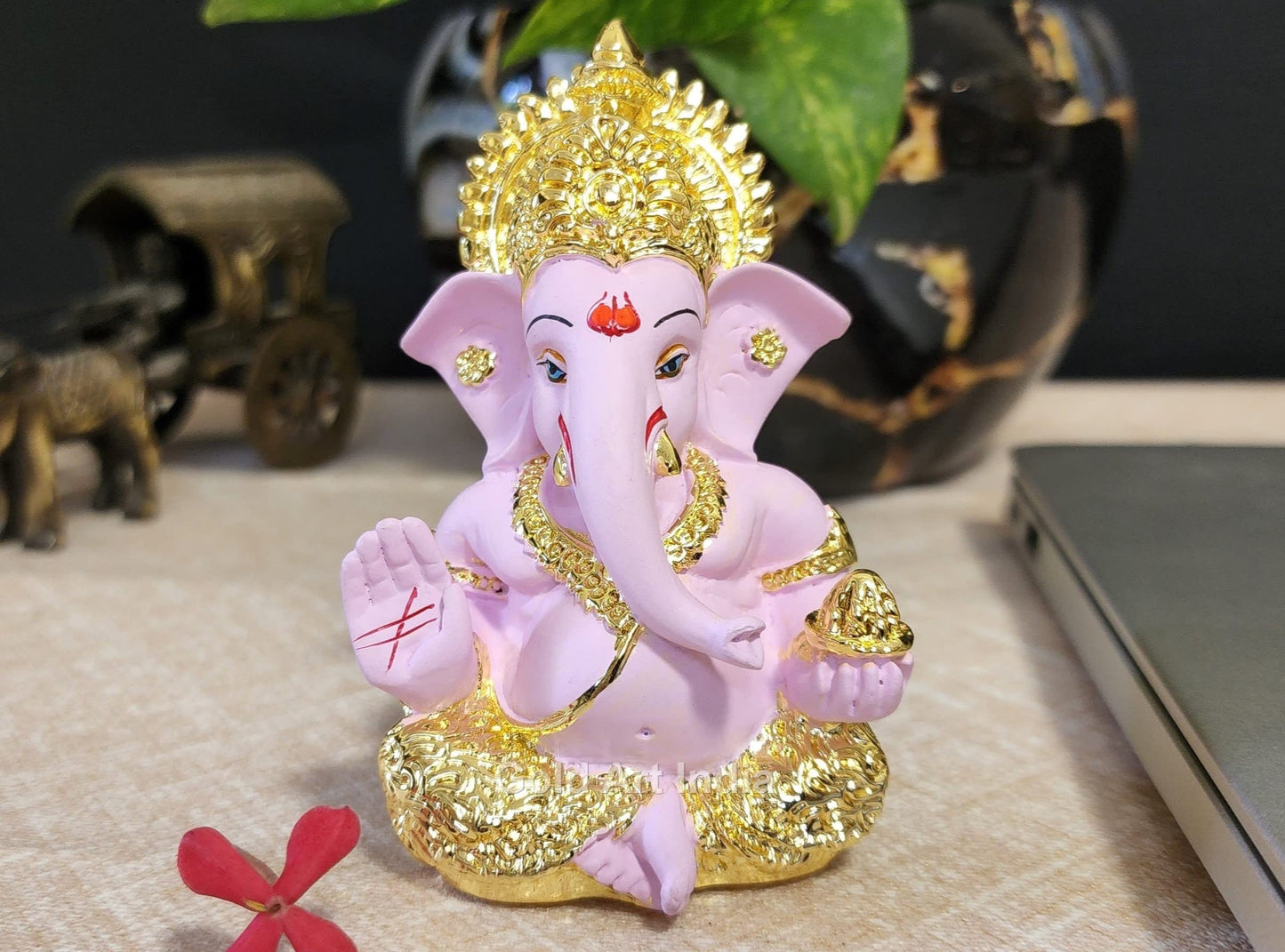 Gold Art India Ganesha Idol | Ganesh Statue for Home Decor | Ganesha murti for Office Desk, & Ganpati Idol for Car Dashboard | Unique Wedding & Birthday Gift (Gold Antique 3.5")
