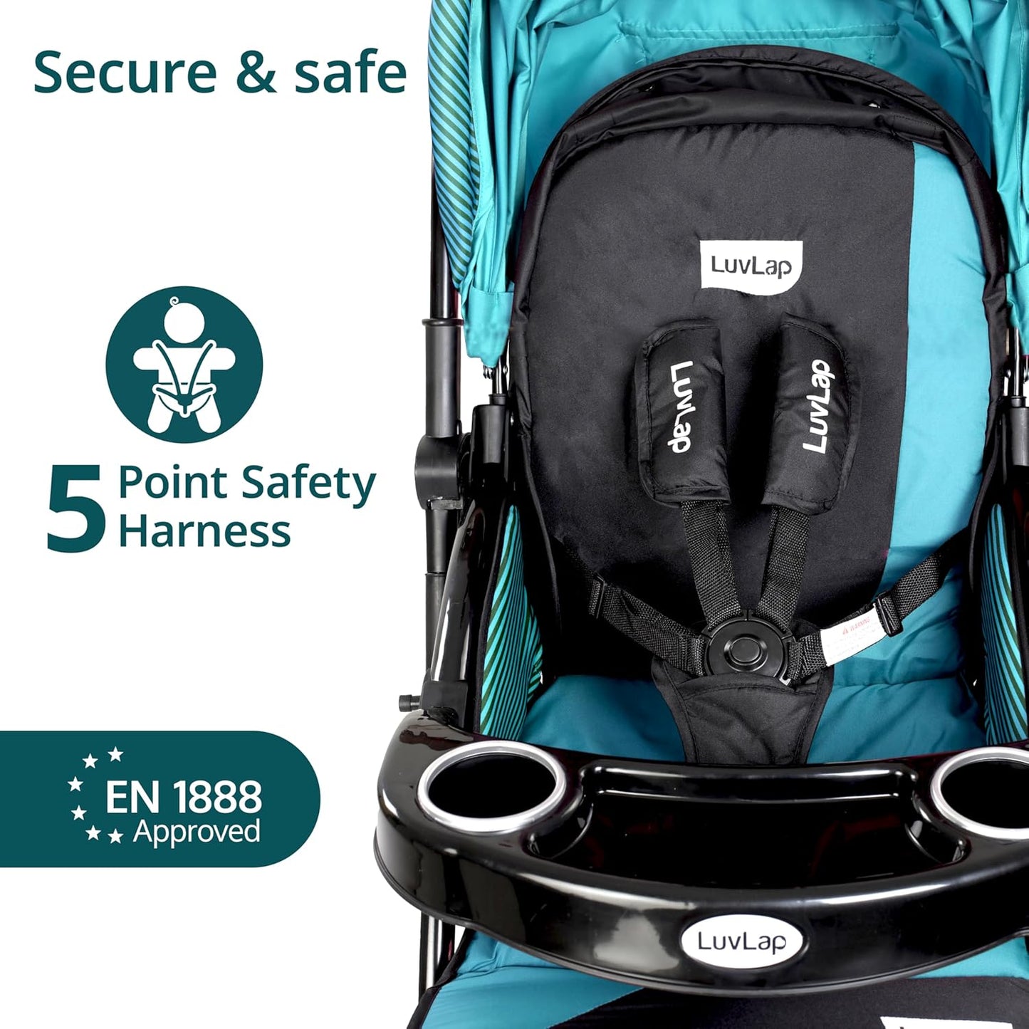 LuvLap Galaxy Baby Stroller, Pram for Baby with 5 Point Safety Harness, Spacious Cushioned seat with Multi Level seat Recline, Easy Fold, Lightweight Stroller for 0 to 3 Years (Green & Black)