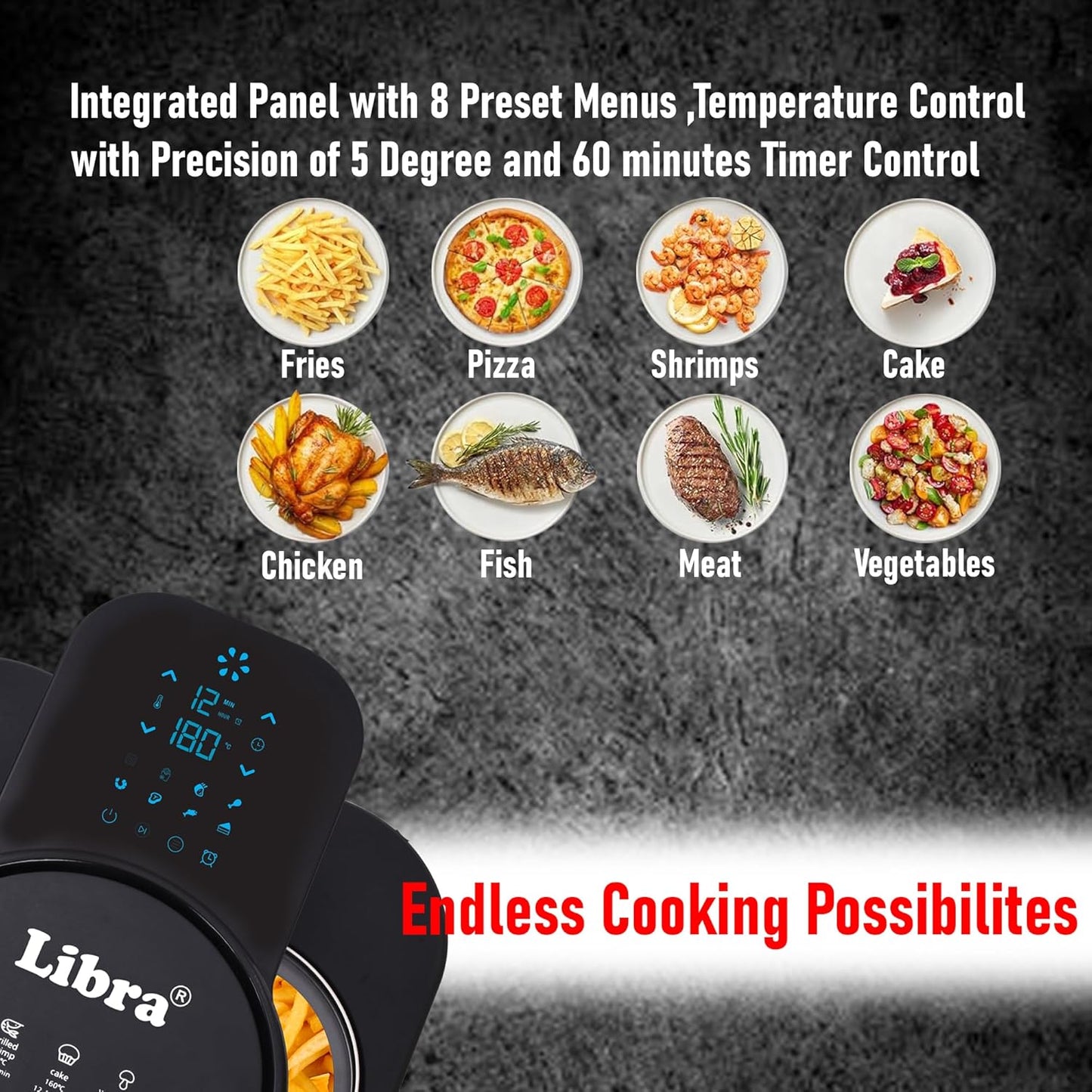 Libra 8 Litre Digital Air Fryer for Home | 1740 Watts Powerful Air Fryer | 9-in-1 Function: Air Fry, Toast, Grill, Bake, Reheat & Keep Warm | Fast & Even Cooking | Feather Touch LED Display Black