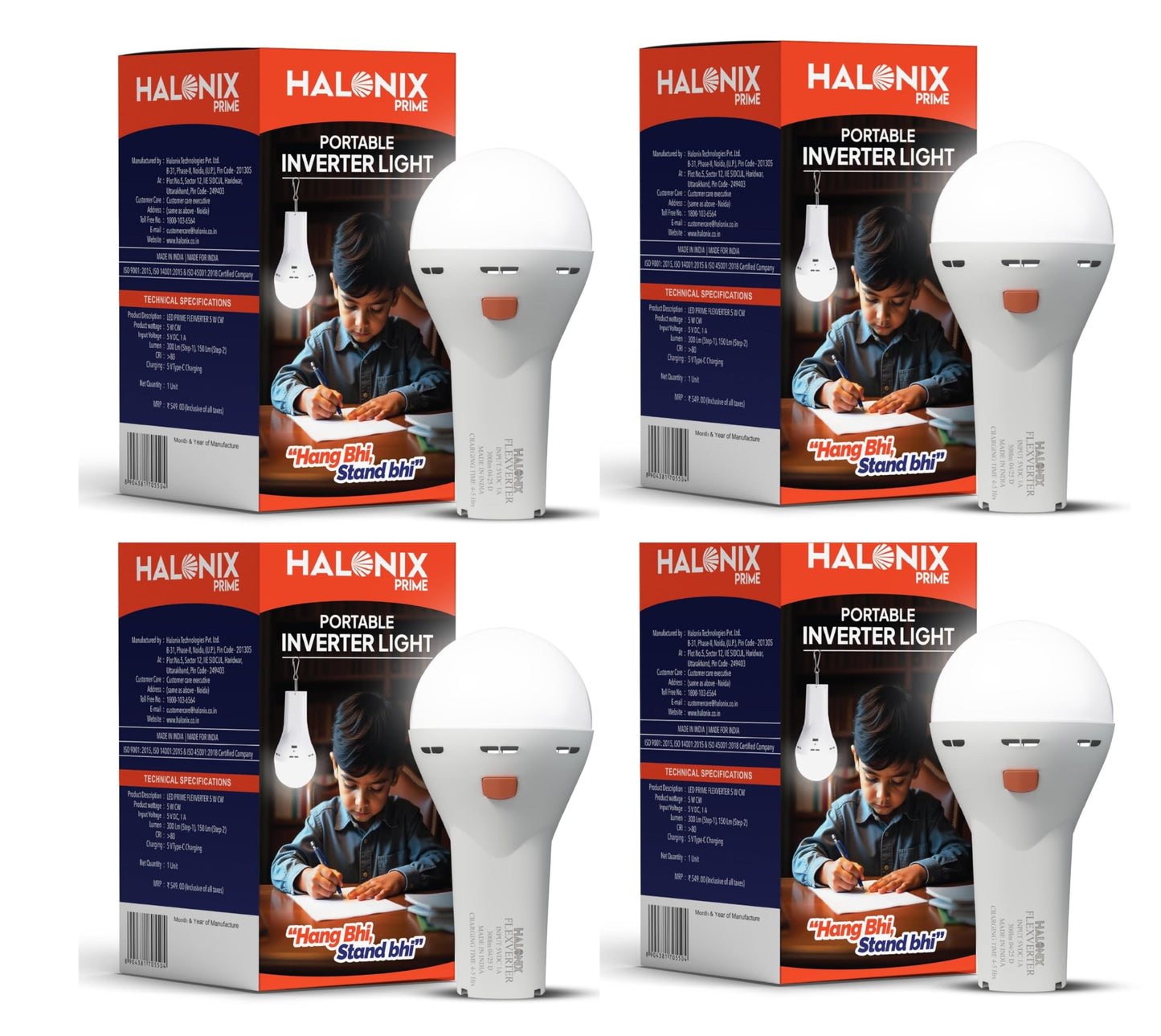 Halonix 5W Portable Emergency Inverter Bulb | Rechargeable LED Light for Power Cuts & Camping | Type-C USB Charging | Up to 4 Hours Backup | Hanging Clip Included | Cool Day Light | Pack of 1