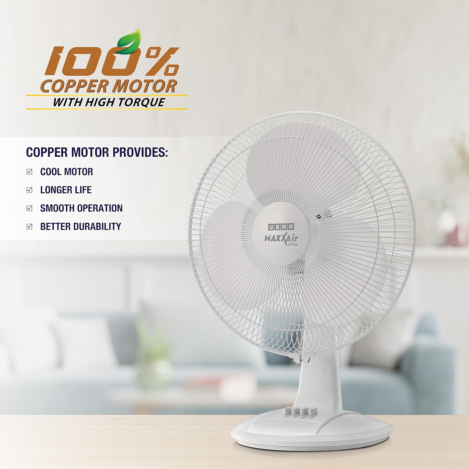 USHA Maxx Air Ultra Table Fan | 400MM Sweep Size | 1350 RPM | Aerodynamic Blade Design for High Air Delivery | Corrosion Protection with Plastic Blades | 3 Speed Settings | 100% Copper Motor | 2 Year Warranty | White