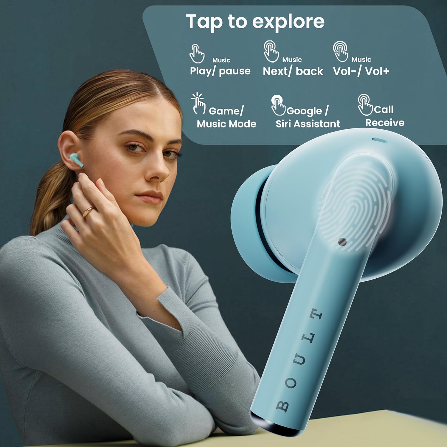 Boult Audio W20 Truly Wireless in Ear Earbuds with 40H Playtime, Zen™ ENC Mic, 45ms Low Latency, 13mm Bass Drivers, Type-C Fast Charging, Made in India, Touch Control, IPX5 ear buds TWS (Glacier Blue) - Springkart 