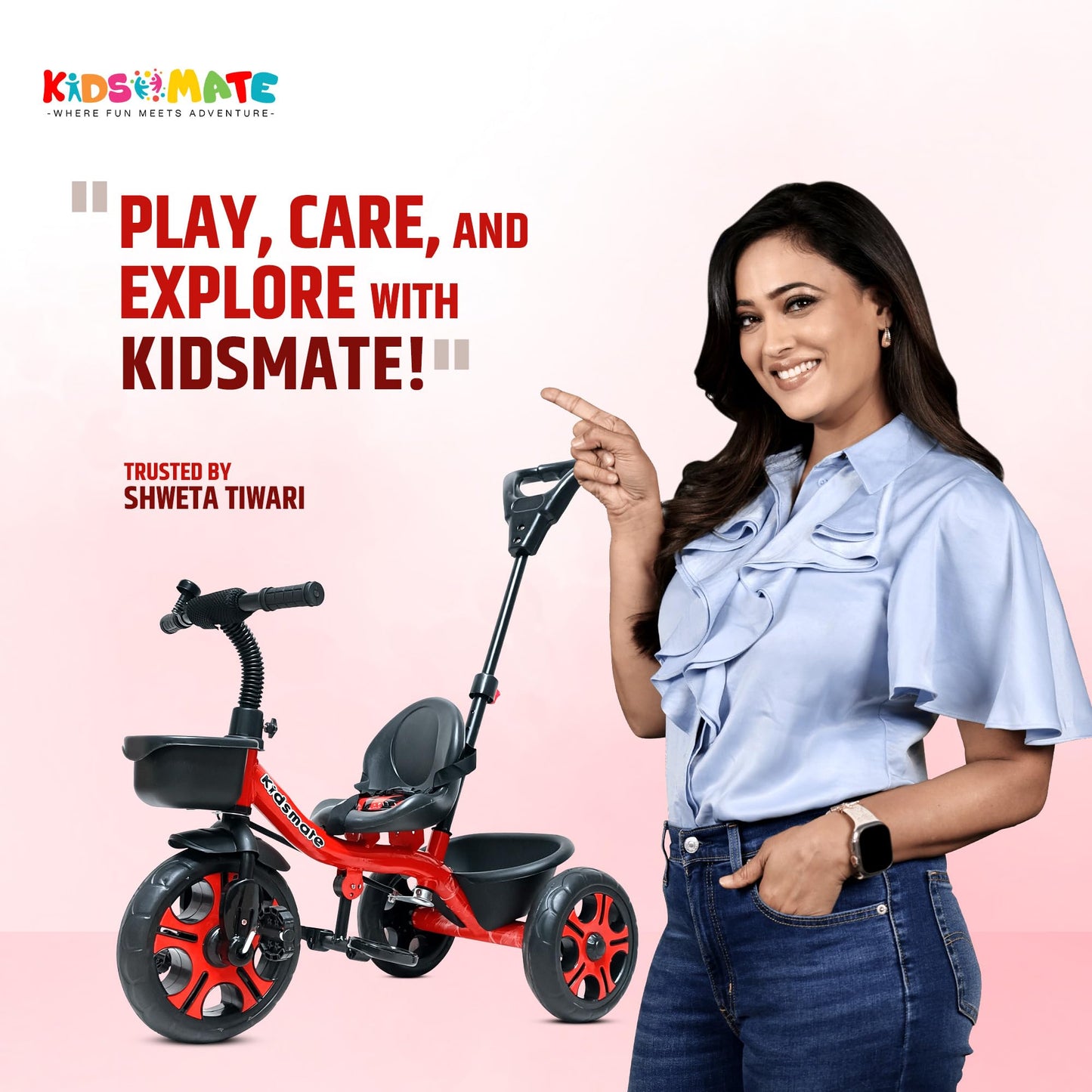 Kidsmate Junior Tricycle for Kids with Parental Control | Cycle for Kids 1-4 Years | Baby Cycle | Bicycle for Kids with Storage Basket, Cushion Seat and Seat Belt Carrying Capacity 30 Kgs (Pink) - Springkart 