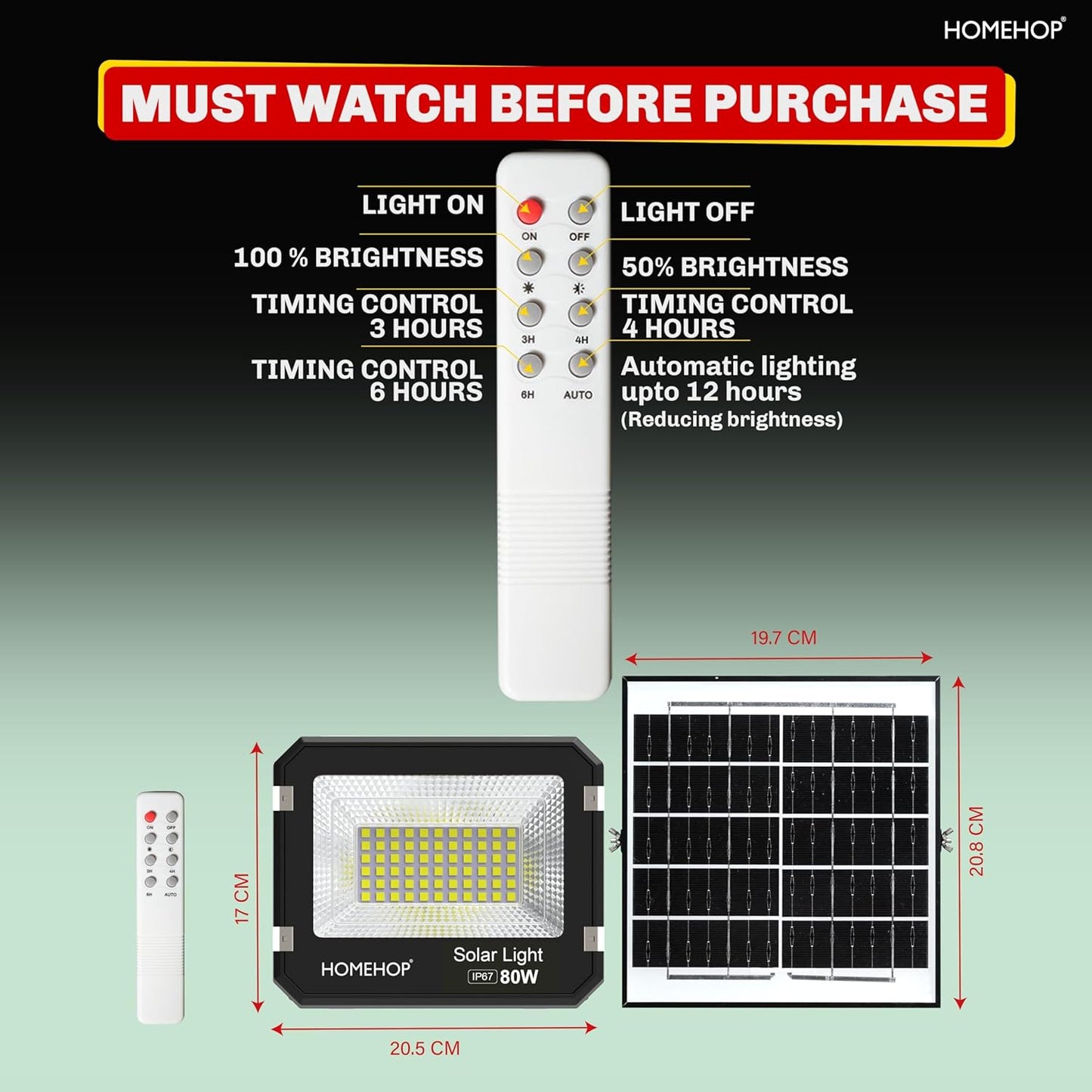 Homehop Solar Flood Light Outdoor 80 Watt Waterproof Wireless Wall Lamp for Garden, Home, Balcony and Patio Auto On Off with Remote (4 Ah, Cool White)