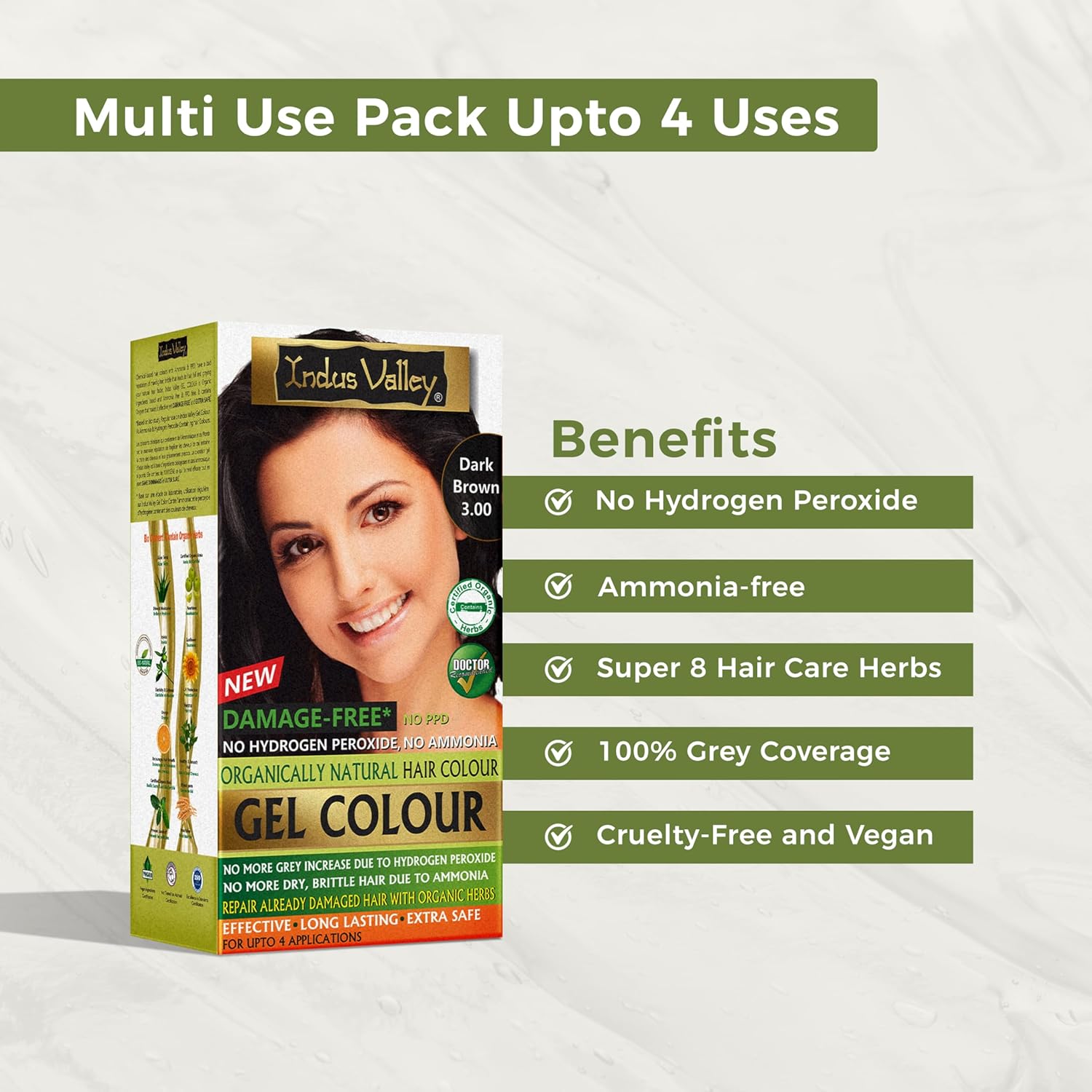 INDUS VALLEY Damage Free Natural Gel Hair Colour for Women | Ammonia & PPD Free Organic Hair Colour with 100% Grey Coverage, Long Lasting Conditioning Hair Color | Dark Brown 3.00-220 ml