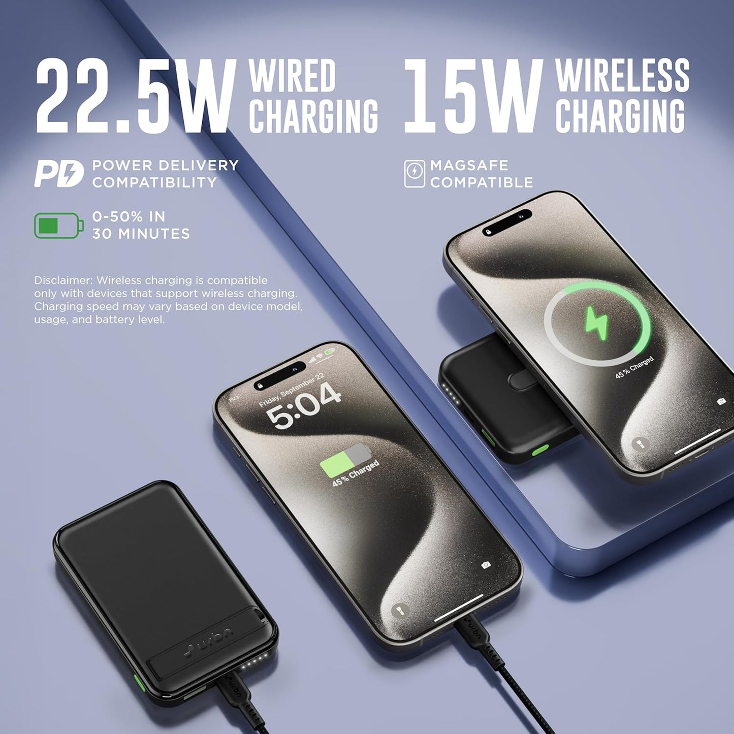 URBN Wireless Power Bank for iPhone, 10000mAh MagSafe Charging with Stand, 22.5W QC+PD Output, Strong Magnetic, for iPhone 12 & Above, Android & Other Qi Enabled Devices (Black)