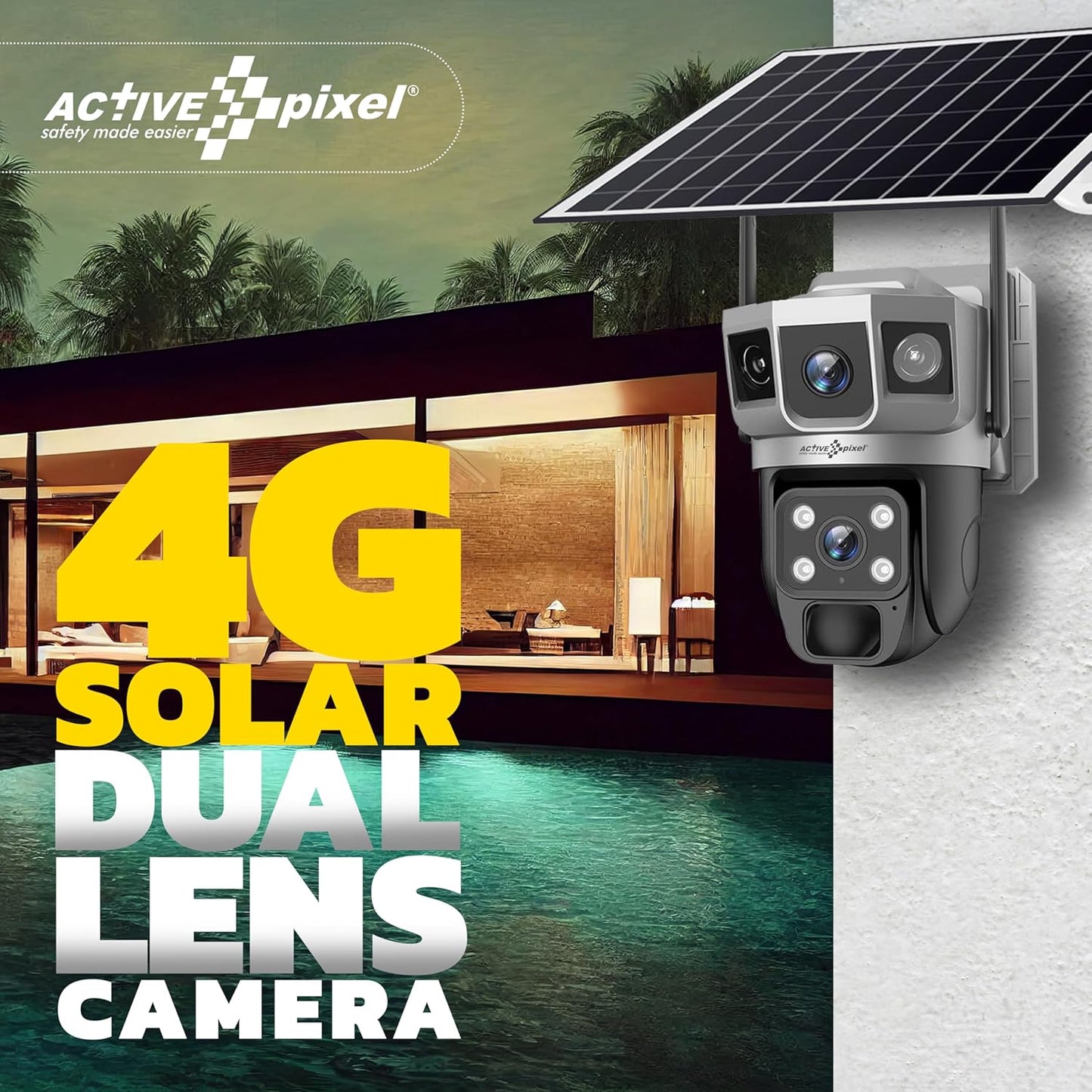 Active Pixel 4G Dual Camera 4mp+4mp Lens Solar Powered | 4G SIM | IP66 Waterproof | 2-Way Audio | Outdoor Surveillance for Agriculture,Construction Site,Farm,Garden etc (Solar Dual Camera)