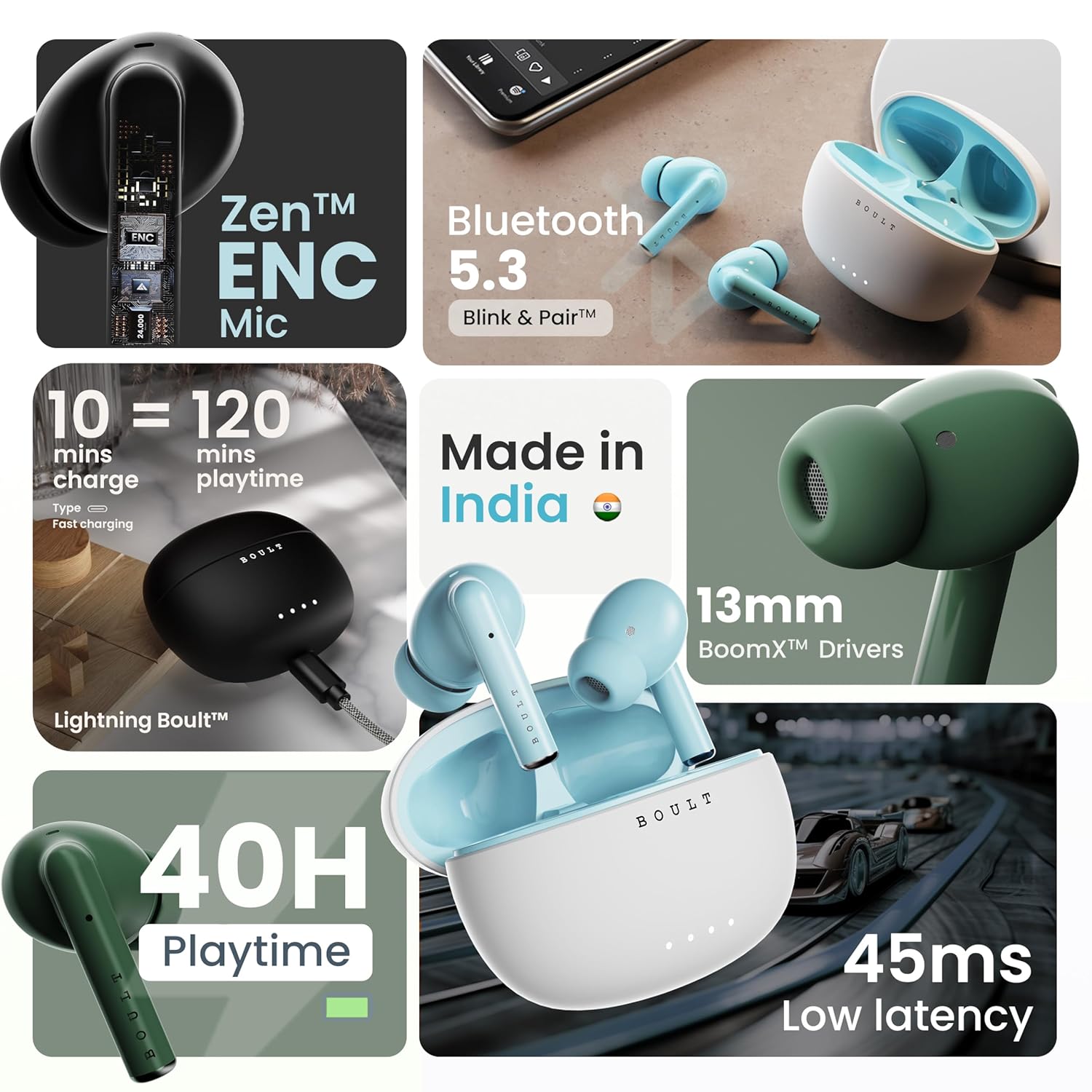 Boult Audio W20 Truly Wireless in Ear Earbuds with 40H Playtime, Zen™ ENC Mic, 45ms Low Latency, 13mm Bass Drivers, Type-C Fast Charging, Made in India, Touch Control, IPX5 ear buds TWS (Glacier Blue) - Springkart 
