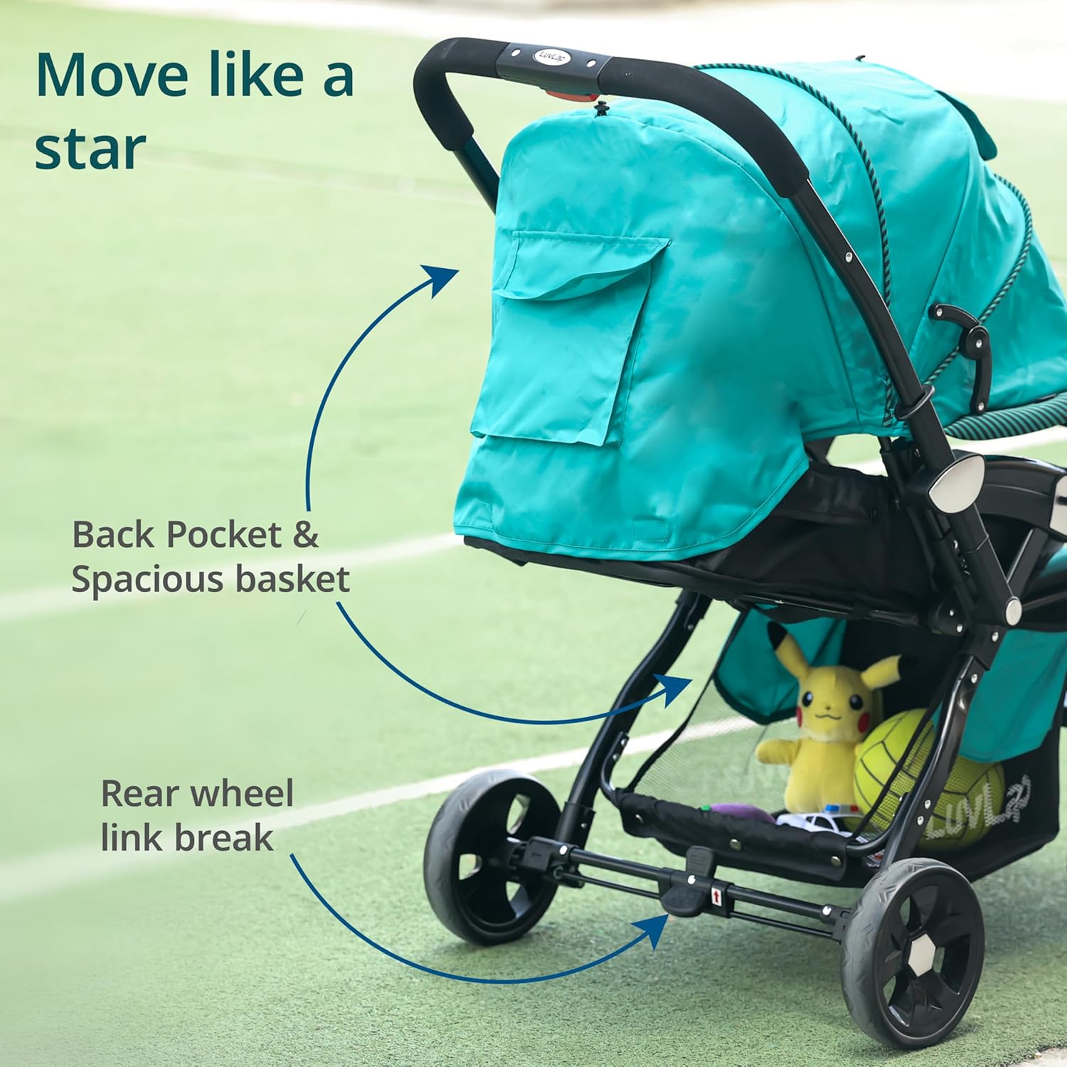LuvLap Galaxy Baby Stroller, Pram for Baby with 5 Point Safety Harness, Spacious Cushioned seat with Multi Level seat Recline, Easy Fold, Lightweight Stroller for 0 to 3 Years (Green & Black)
