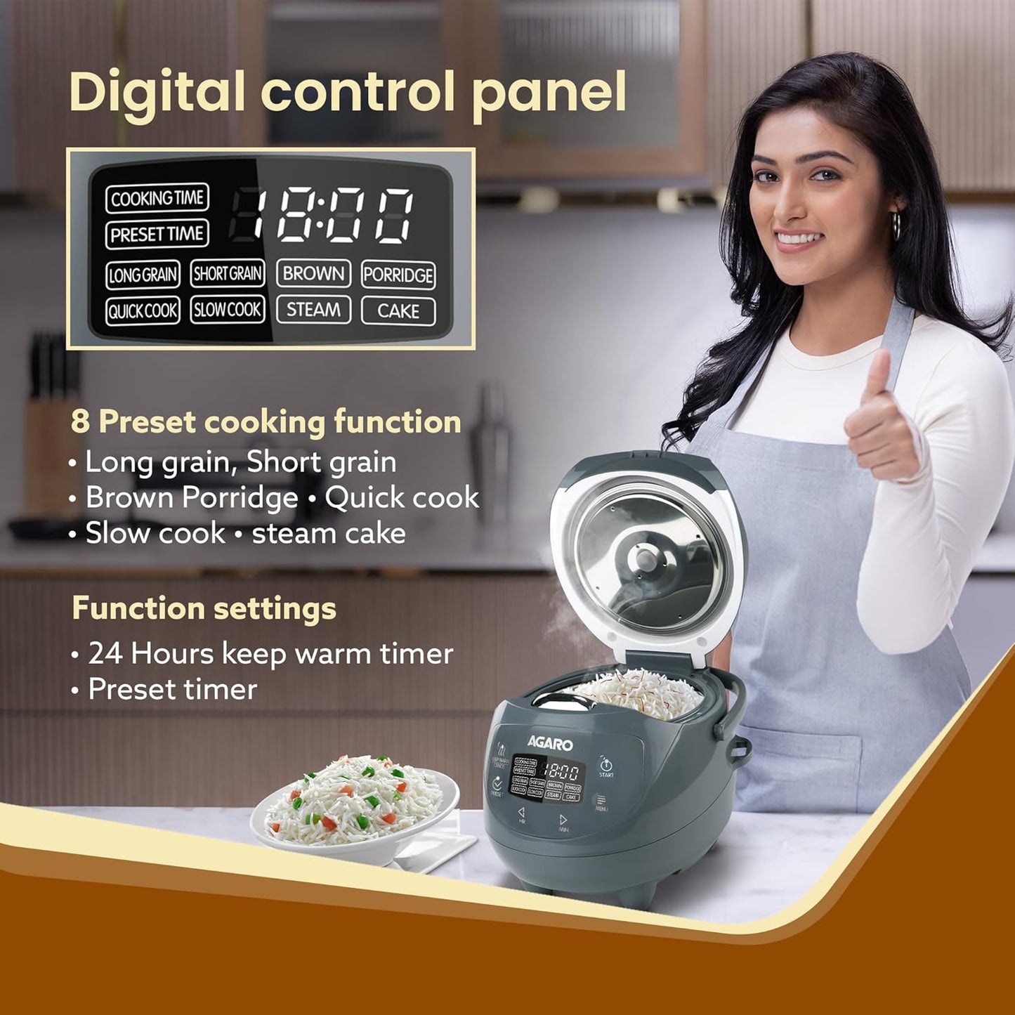 AGARO Imperial Electric Rice Cooker, 2L Ceramic Coated Inner Bowl, 500 gms (approx. 3.5 cups) raw rice, Steam Basket, 8 Preset Cooking Function, Advanced Fuzzy Logic, 24Hrs Keep Warm Function, 350W