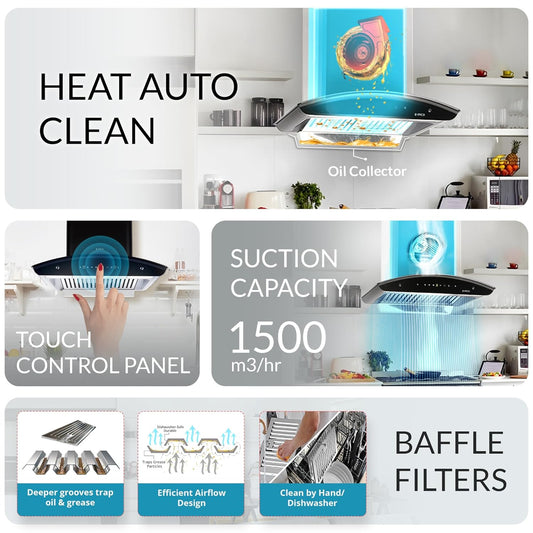Elica 60 cm 1500 m3/hr Baffle Filter Autoclean Kitchen Chimney with 15 Years Motor & 5 Years Comprehensive Warranty (WD TBF HAC 60 MS NERO, Touch + Motion Sensor Control, Black)