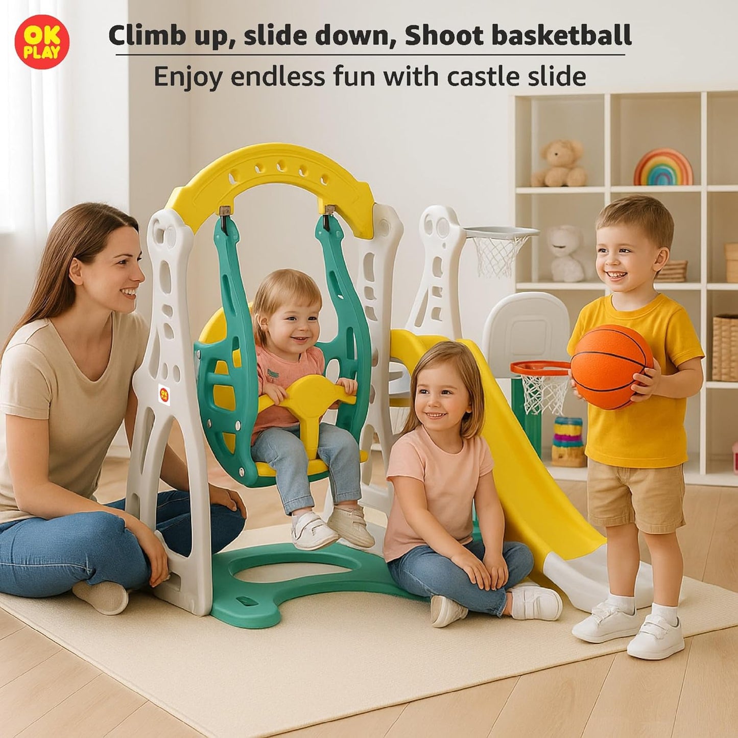 OK PLAY 3 in 1 Penguin Play Set for 2-5Years |Slide | Swing | Basketball | Perfect for Home, School & Playground | Easy Assembly | Compact | Safe & Fun Activity Toy | 152 x 133 x 104cm | Yellow&Green