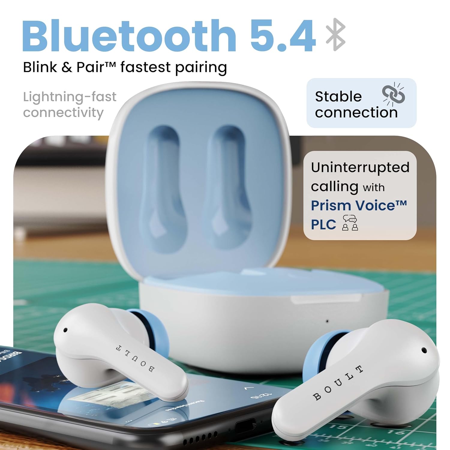 Boult K10 Truly Wireless Bluetooth in Ear Earbuds with 50H Playtime, 4 Mic Clear Calling, 45ms Low Latency, 10mm Drivers, Touch Controls, Type-C Fast Charging, IPX5, TWS Ear Buds Wireless (Ice Blue) - Springkart 
