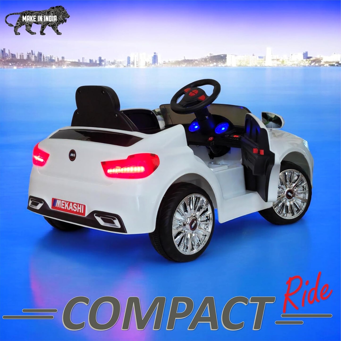 MEKASHI Electric car for Kids Ages 1 to 4 Years with 12V Rechargeable Battery, Remote Control, Bluetooth Music Player, LED Lights, ISI Mark (MKS-004, White)