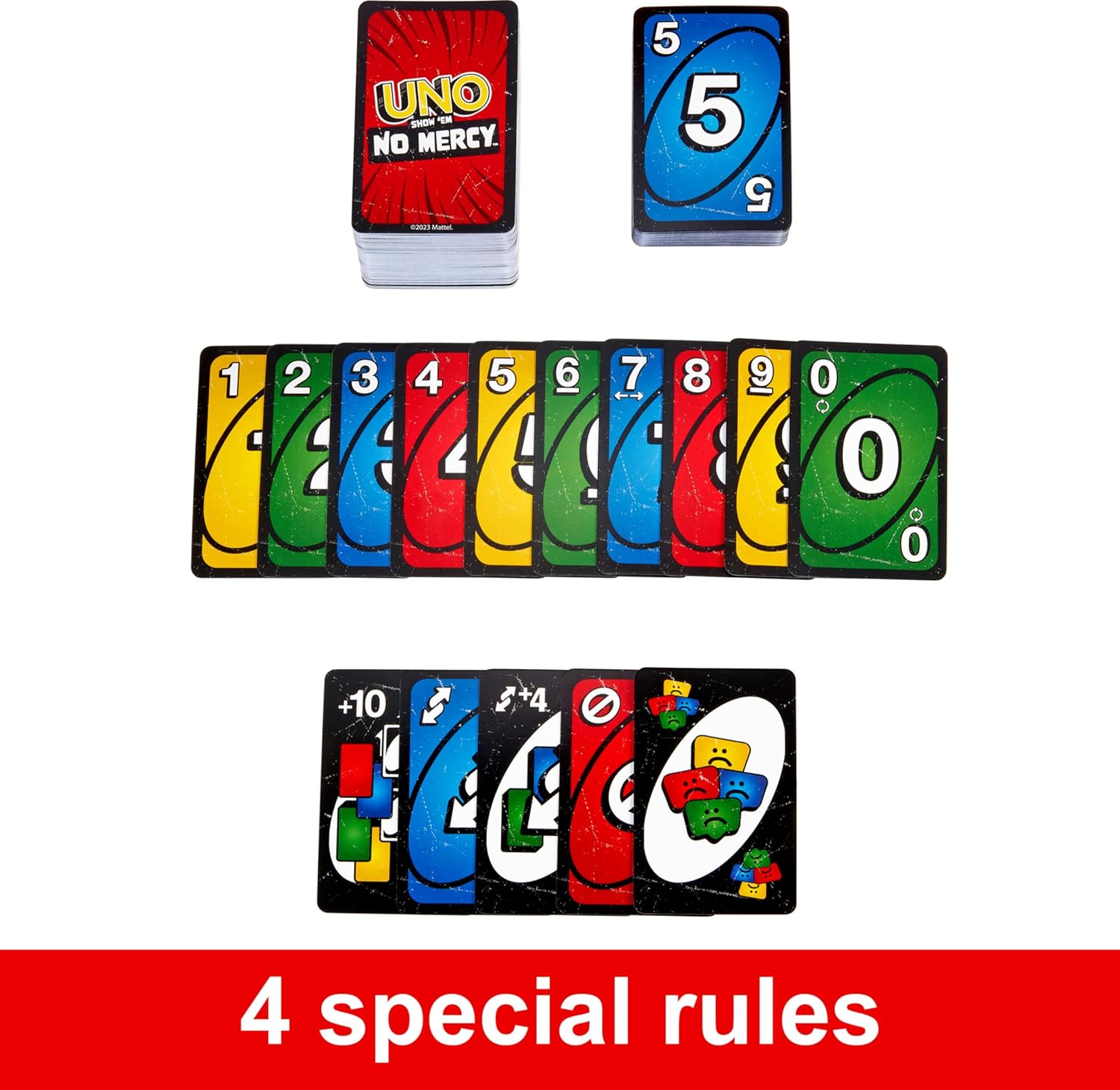 Mattel Games ​UNO Show ‘em No Mercy Card Game for Kids, Adults & Family Parties and Travel with Extra Cards, Special Rules and Tougher Penalties.