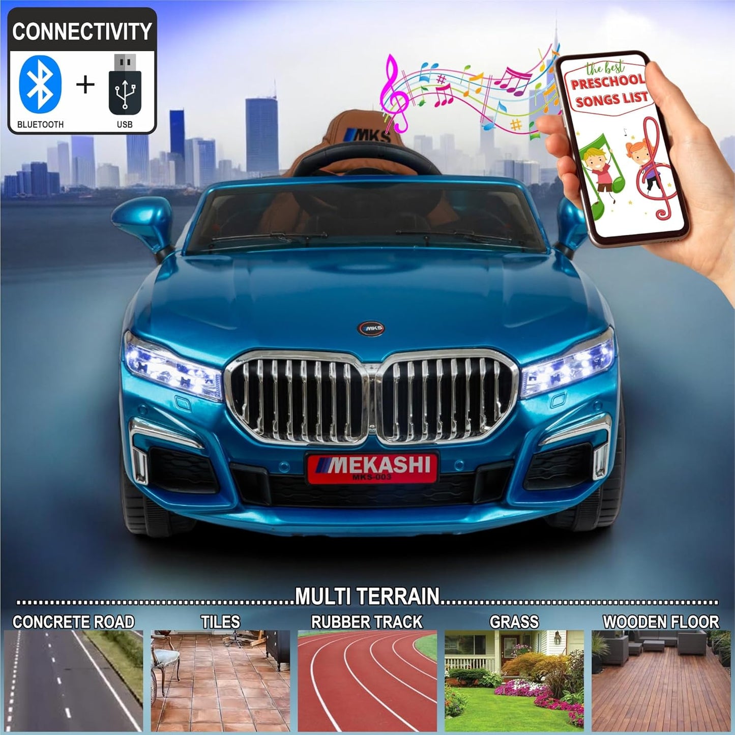 MEKASHI Electric Ride on Car for Kids, Parental Remote, 12V Rechargeable Battery, 3 Speed, LED Lights, Music, Bluetooth, 1 to 7 Years, Swing Function, Long Wheelbase, ISI Mark, MKS003D-Metallic Blue